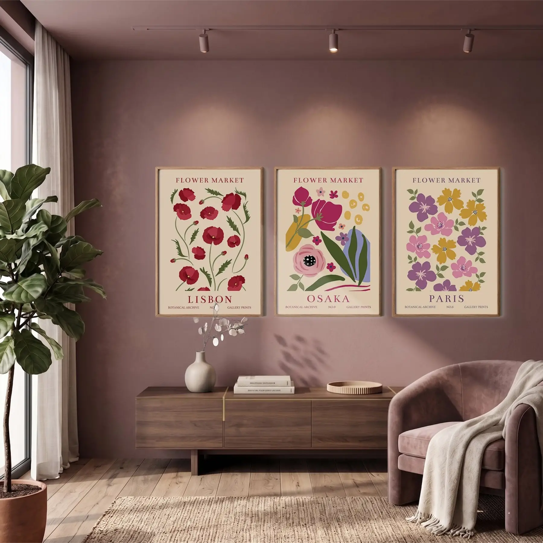Pastel Çiçek Pazarı Tablo 3lü Ahşap Çerçeveli Tablo Seti Bohem Tablo Tablo Çerçeve Duvar Dekoru Ev