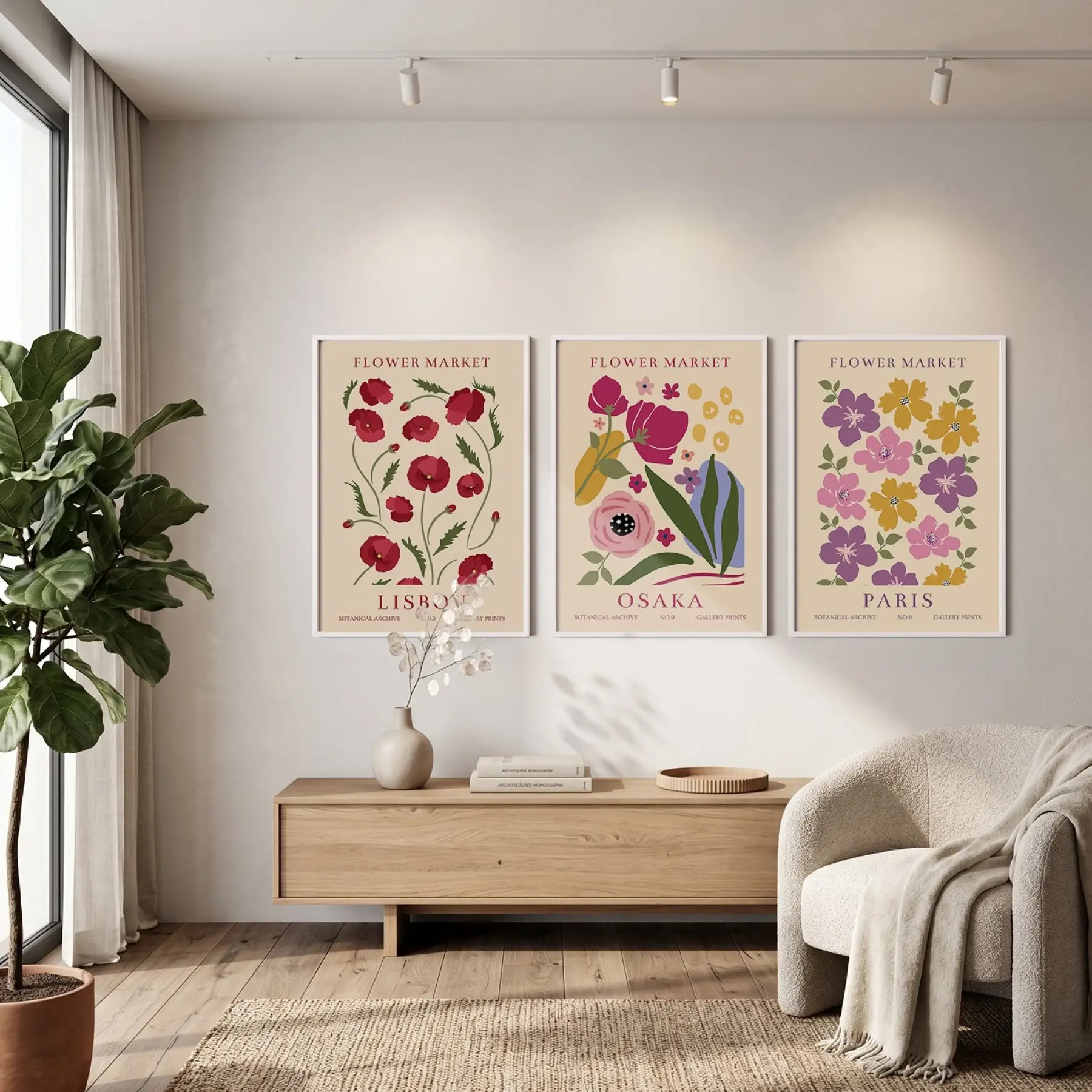 Pastel Çiçek Pazarı Tablo 3lü Beyaz Çerçeveli Tablo Seti Bohem Tablo Salon Duvar Tablo Poster Tablo