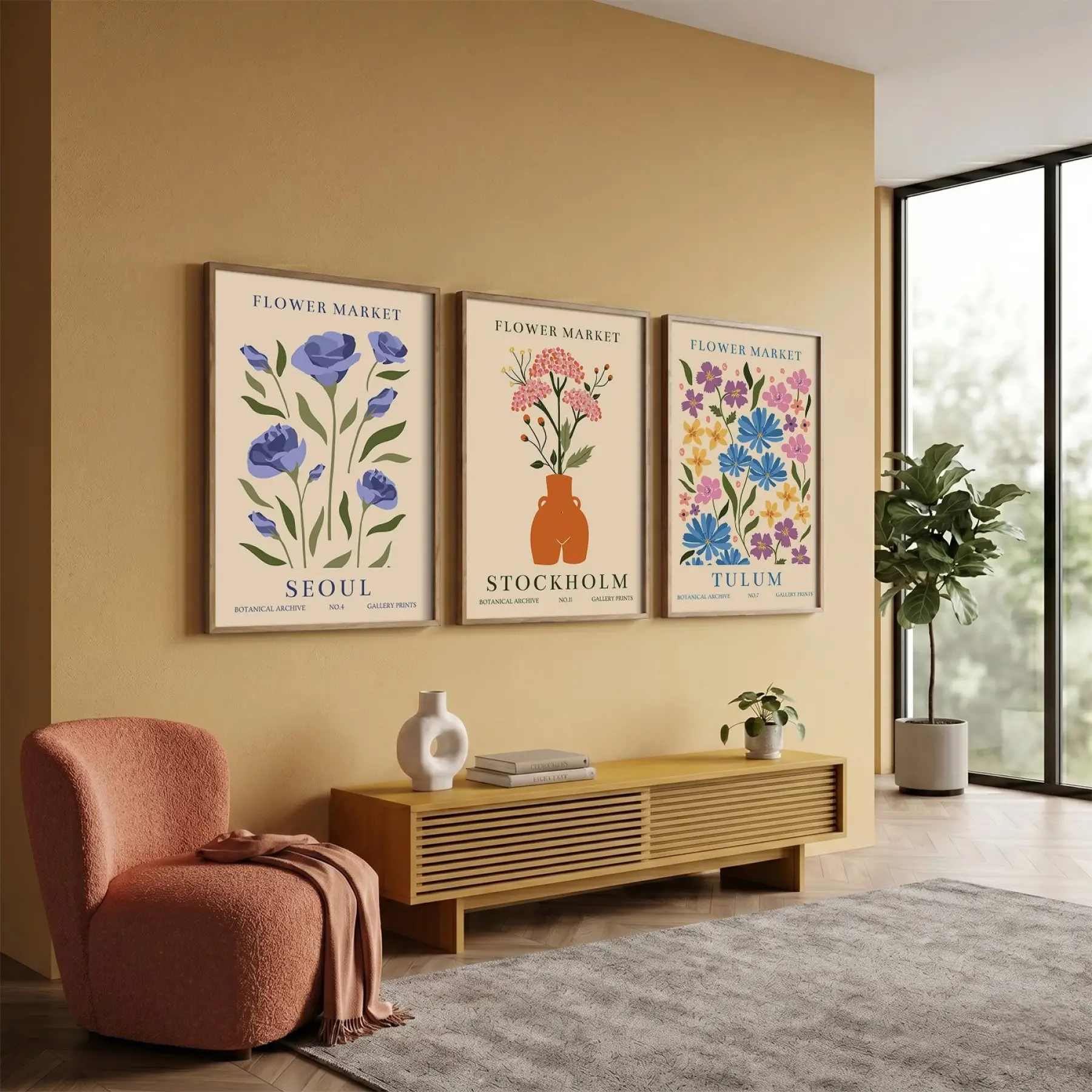 Modern Botanik Çiçek Pazarı 3lü Ahşap Çerçeveli Tablo Seti Bohem Tablo Poster Tablo Resim Çerçevesi