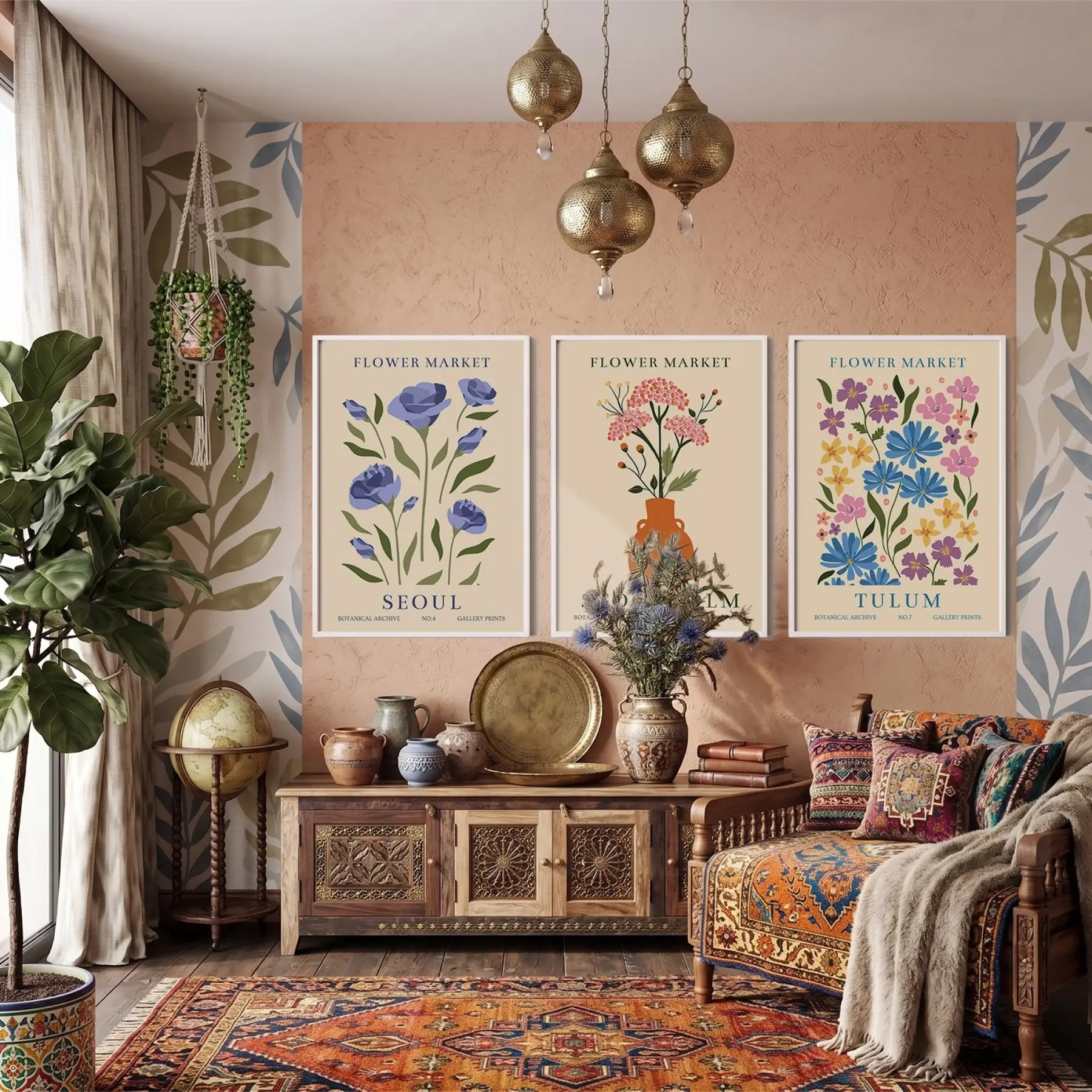 Modern Botanik Çiçek Pazarı 3lü Beyaz Çerçeveli Tablo Seti Bohem Tablo Salon Duvar Tablo Poster