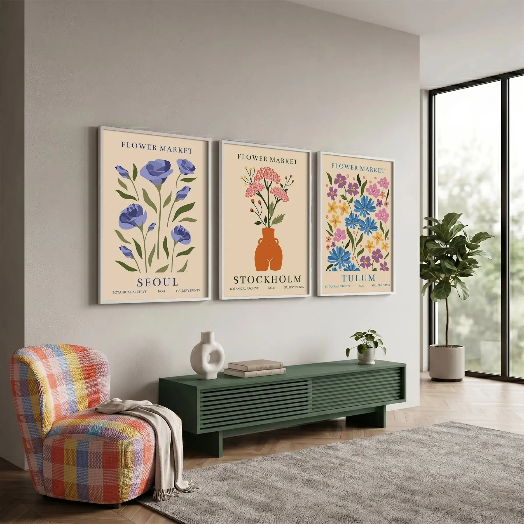 Modern Botanik Çiçek Pazarı 3lü Beyaz Çerçeveli Tablo Seti Bohem Tablo Salon Duvar Tablo Poster