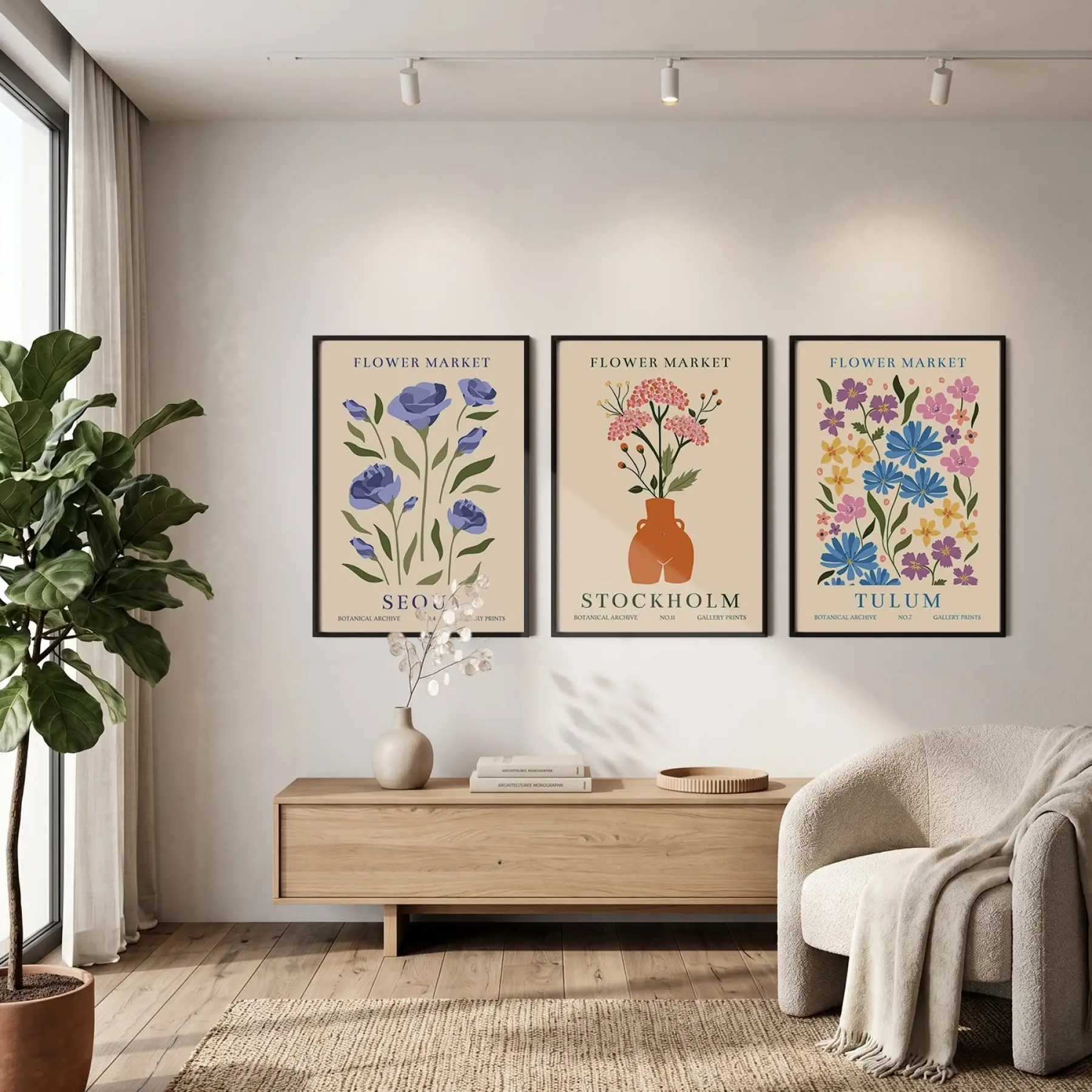 Modern Botanik Çiçek Pazarı 3lü Siyah Çerçeveli Tablo Seti Bohem Tablo Resim Çerçevesi Tablo Salon