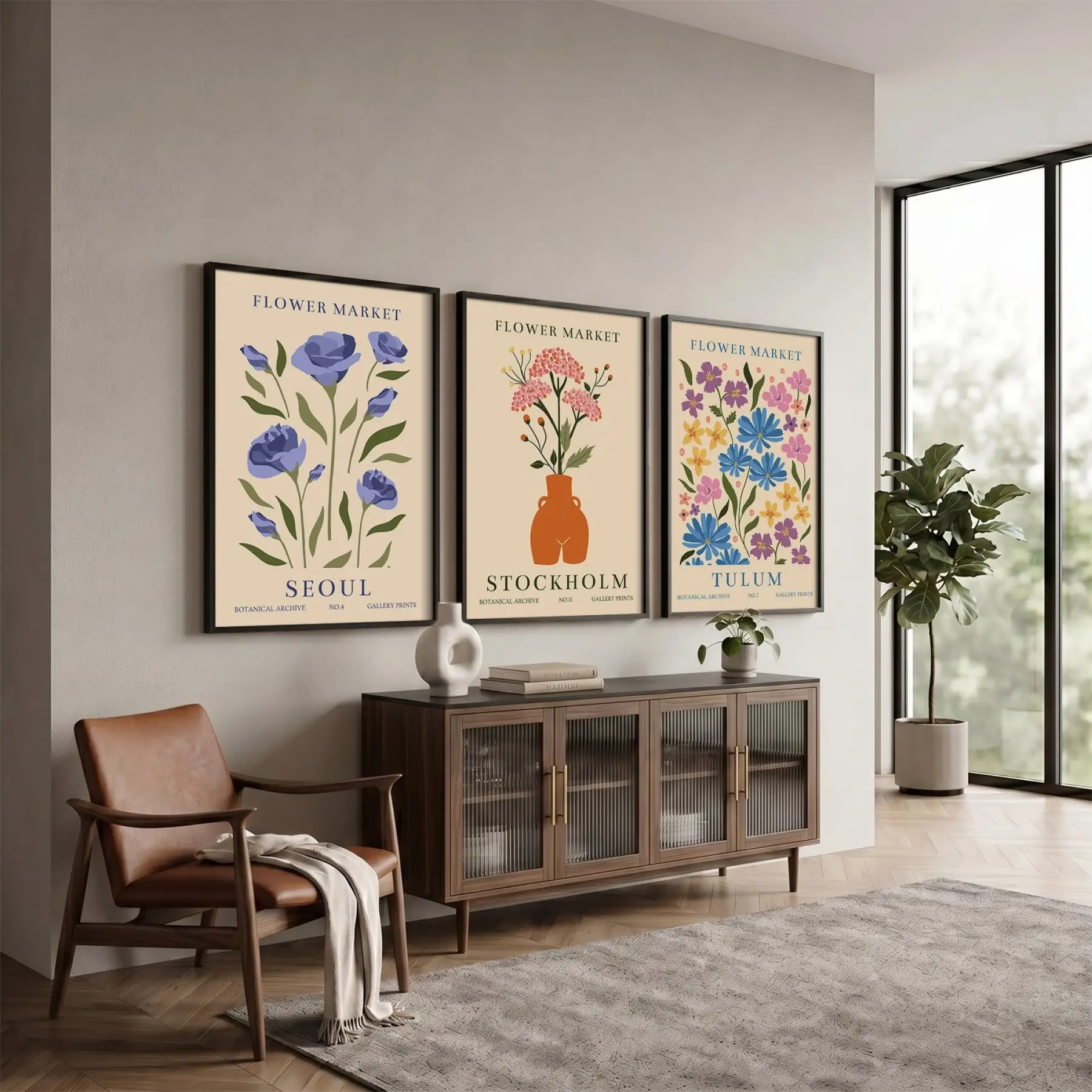 Modern Botanik Çiçek Pazarı 3lü Siyah Çerçeveli Tablo Seti Bohem Tablo Resim Çerçevesi Tablo Salon