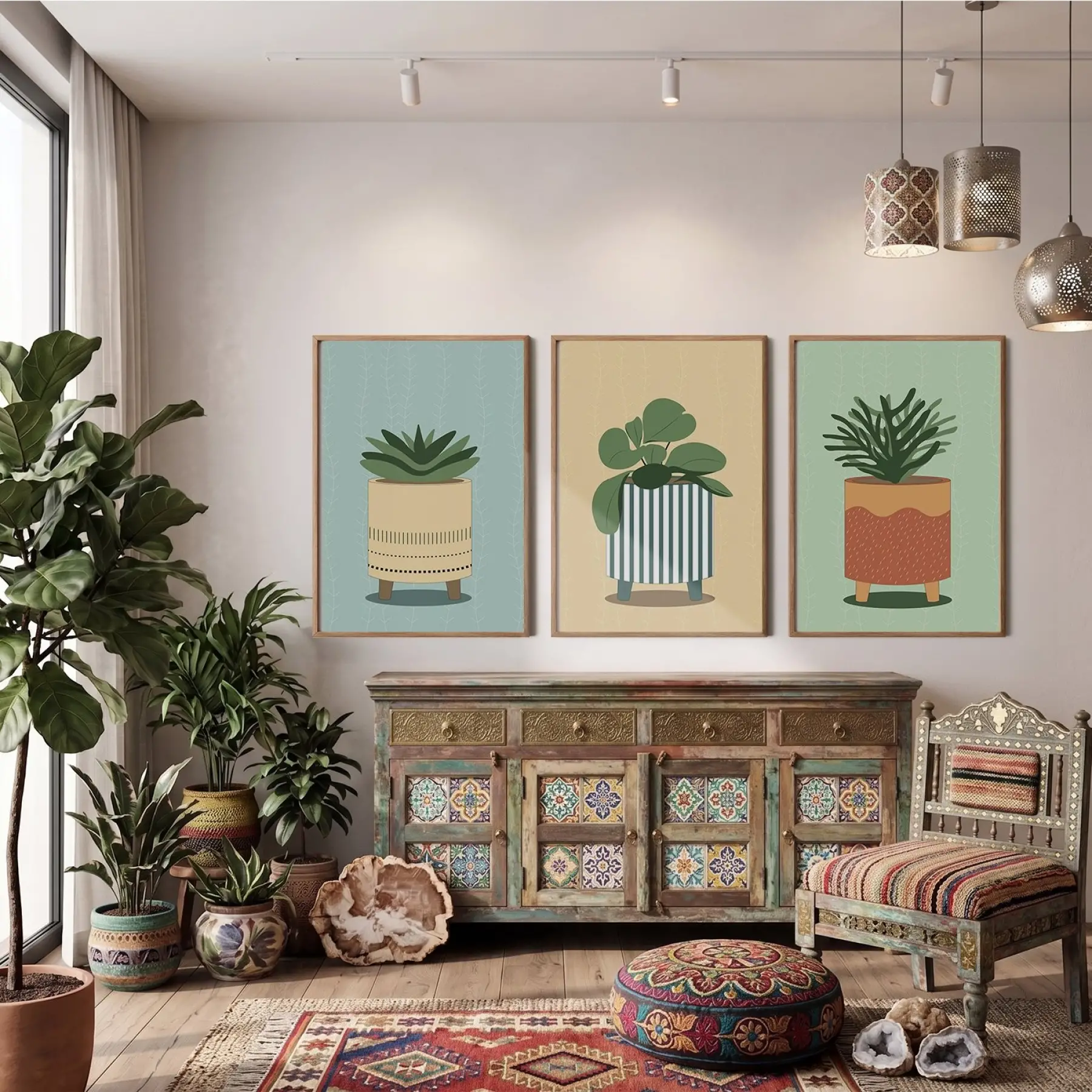 Minimalist Bitki Sanatı Seti 3lü Ahşap Çerçeveli Tablo Seti Resim Çerçevesi Tablo Salon