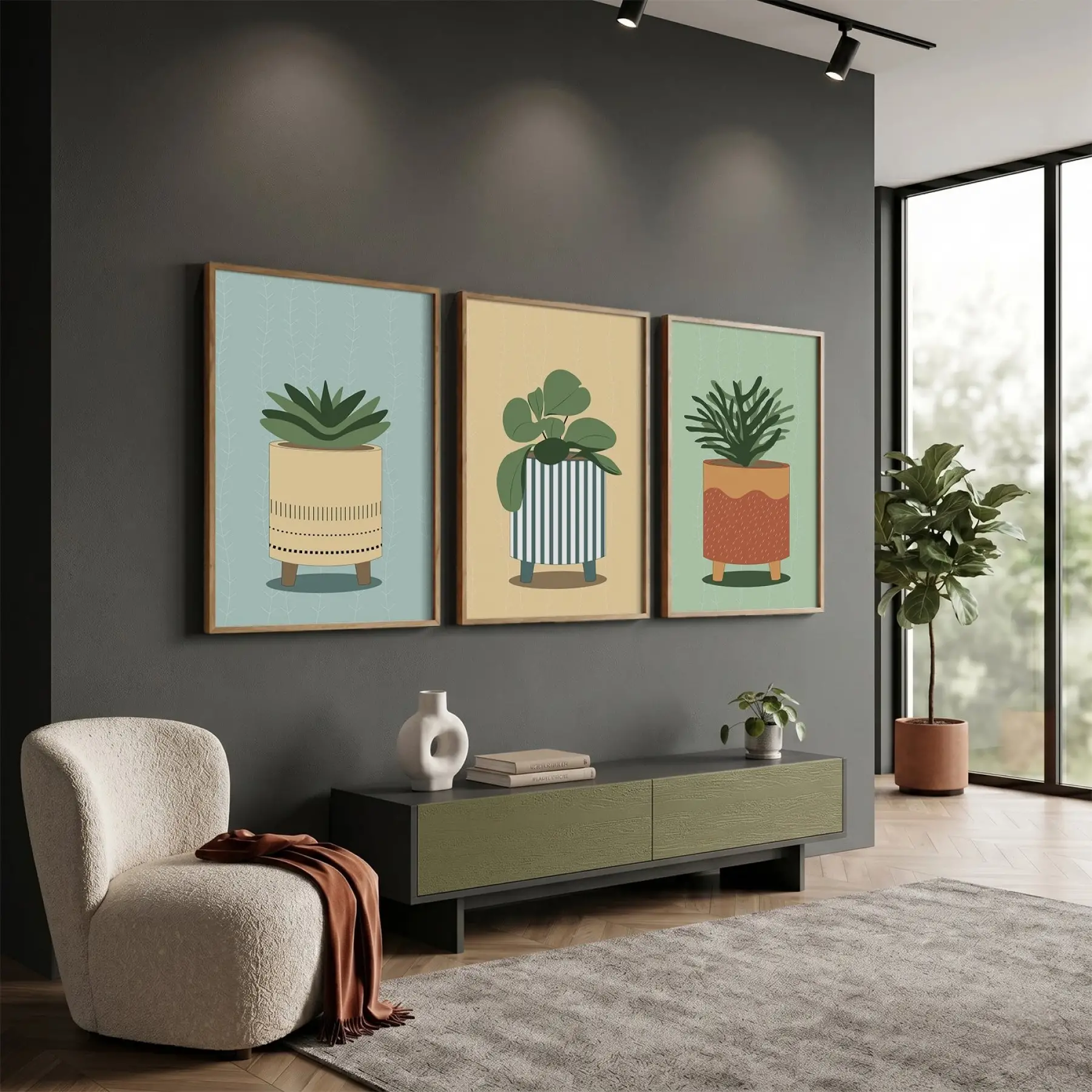 Minimalist Bitki Sanatı Seti 3lü Ahşap Çerçeveli Tablo Seti Resim Çerçevesi Tablo Salon
