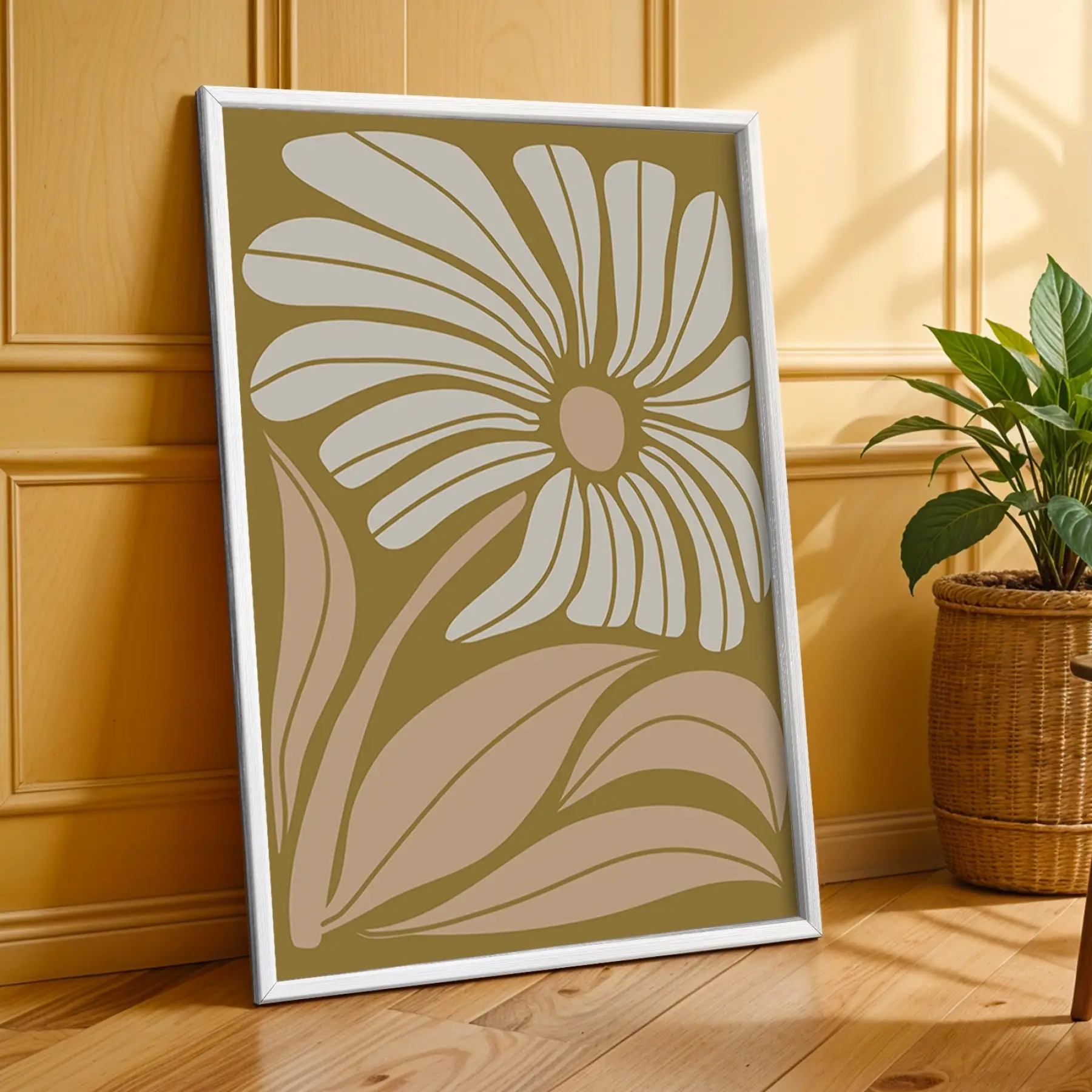 Hardal Tonları Organik Çiçekler 3lü Beyaz Çerçeveli Tablo Seti Bohem Tablo Duvar Tablo Oda
