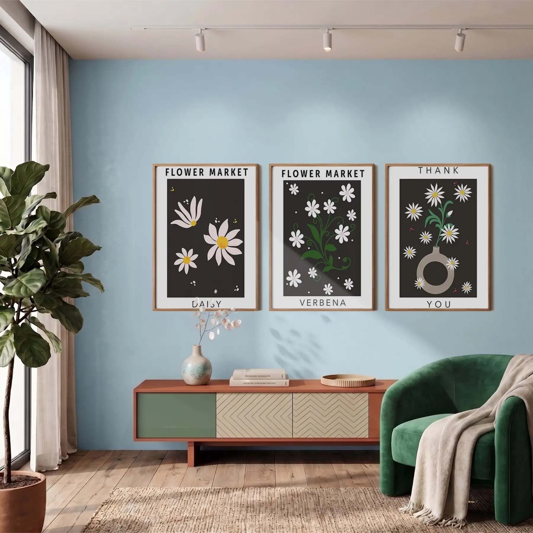 Papatya Bahçesi Minimalist Üçlü 3lü Ahşap Çerçeveli Tablo Seti Salon Duvar Tablo Poster Tablo