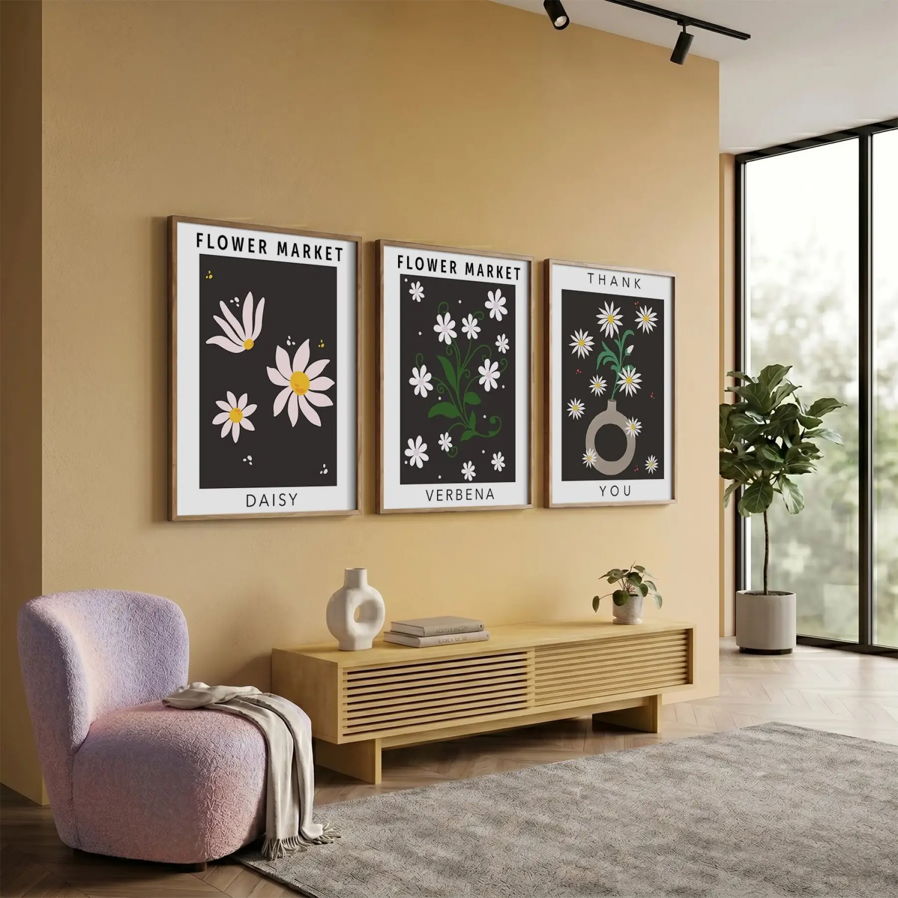 Papatya Bahçesi Minimalist Üçlü 3lü Ahşap Çerçeveli Tablo Seti Salon Duvar Tablo Poster Tablo