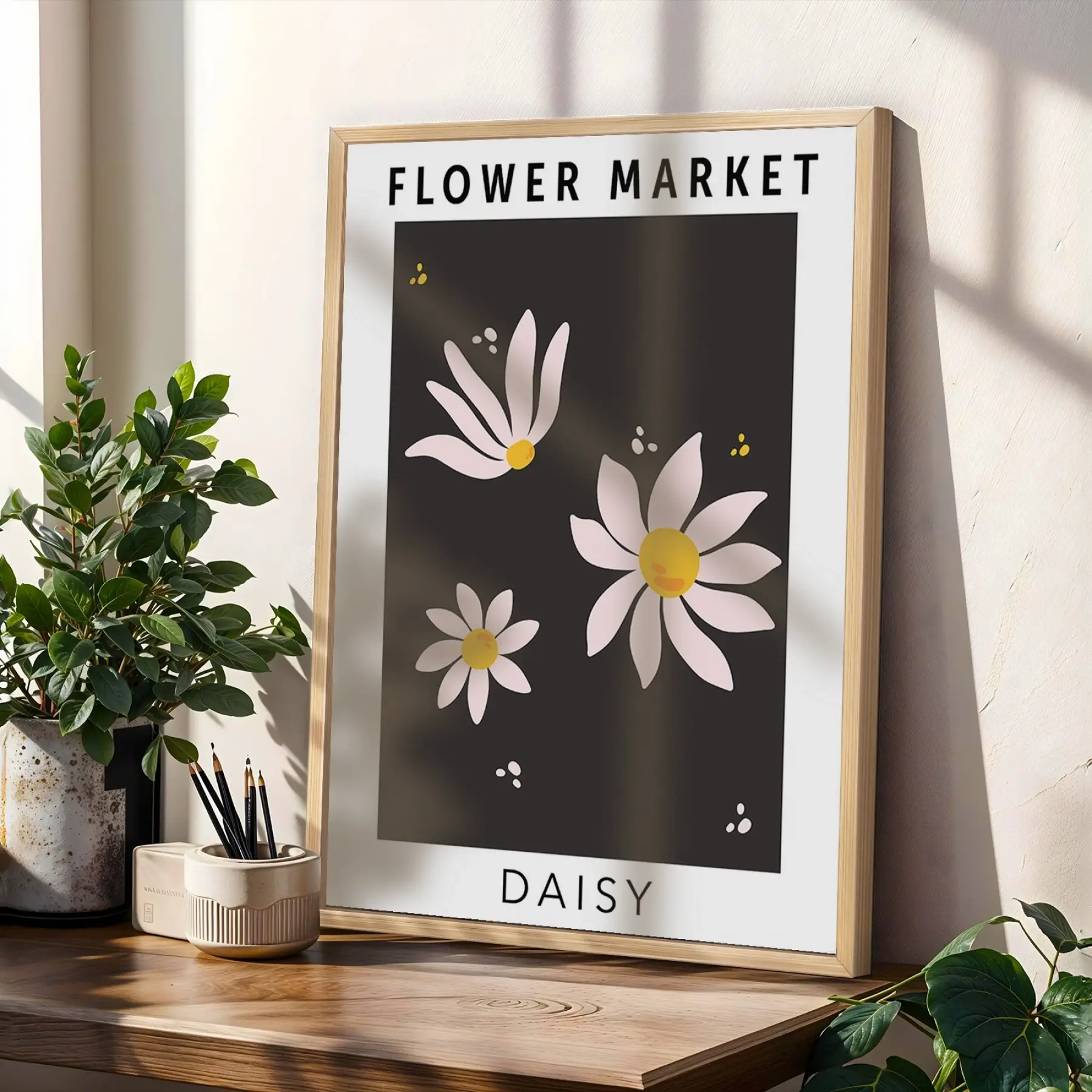 Papatya Bahçesi Minimalist Üçlü 3lü Ahşap Çerçeveli Tablo Seti Salon Duvar Tablo Poster Tablo