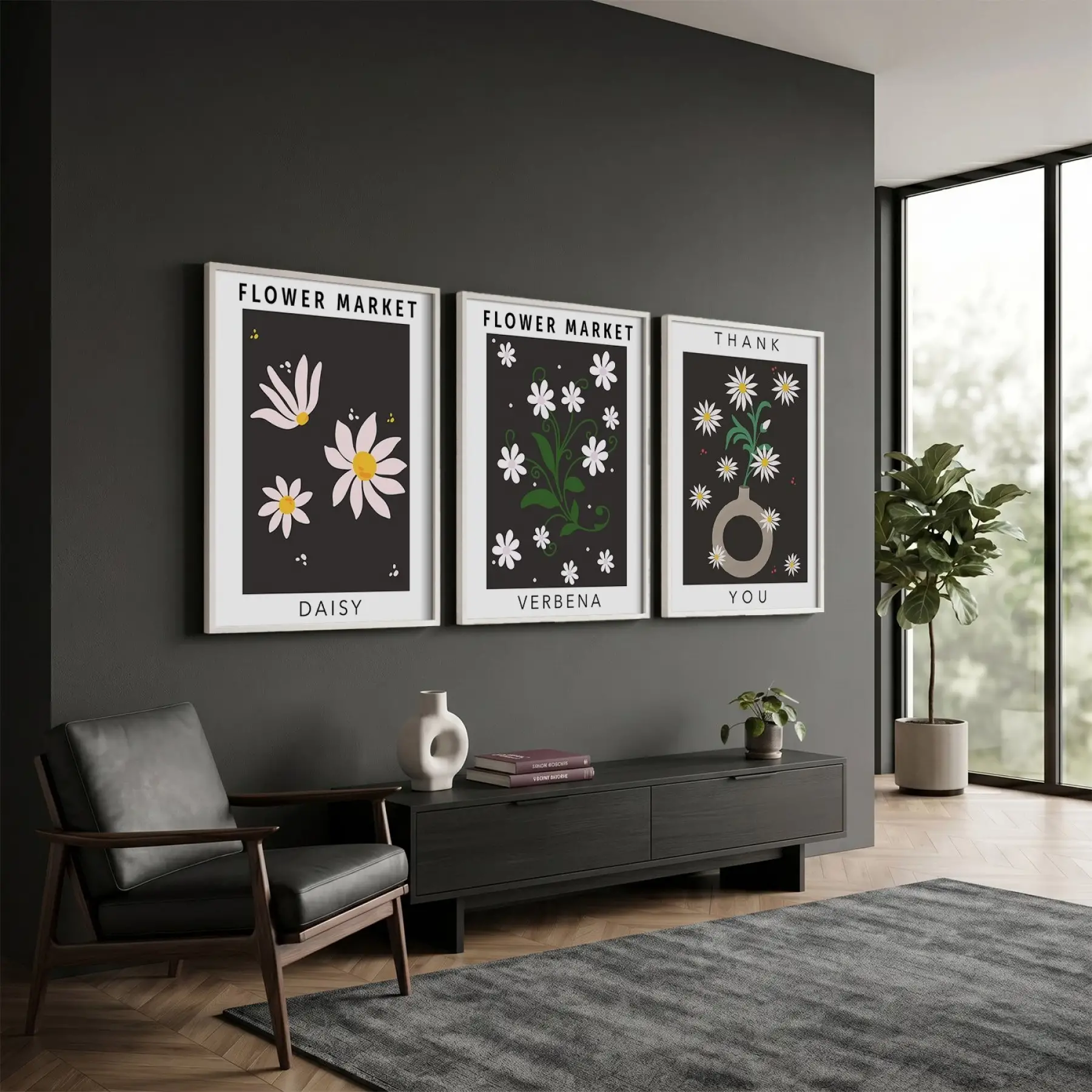 Papatya Bahçesi Minimalist Üçlü 3lü Beyaz Çerçeveli Tablo Seti Resim Çerçevesi Tablo Salon