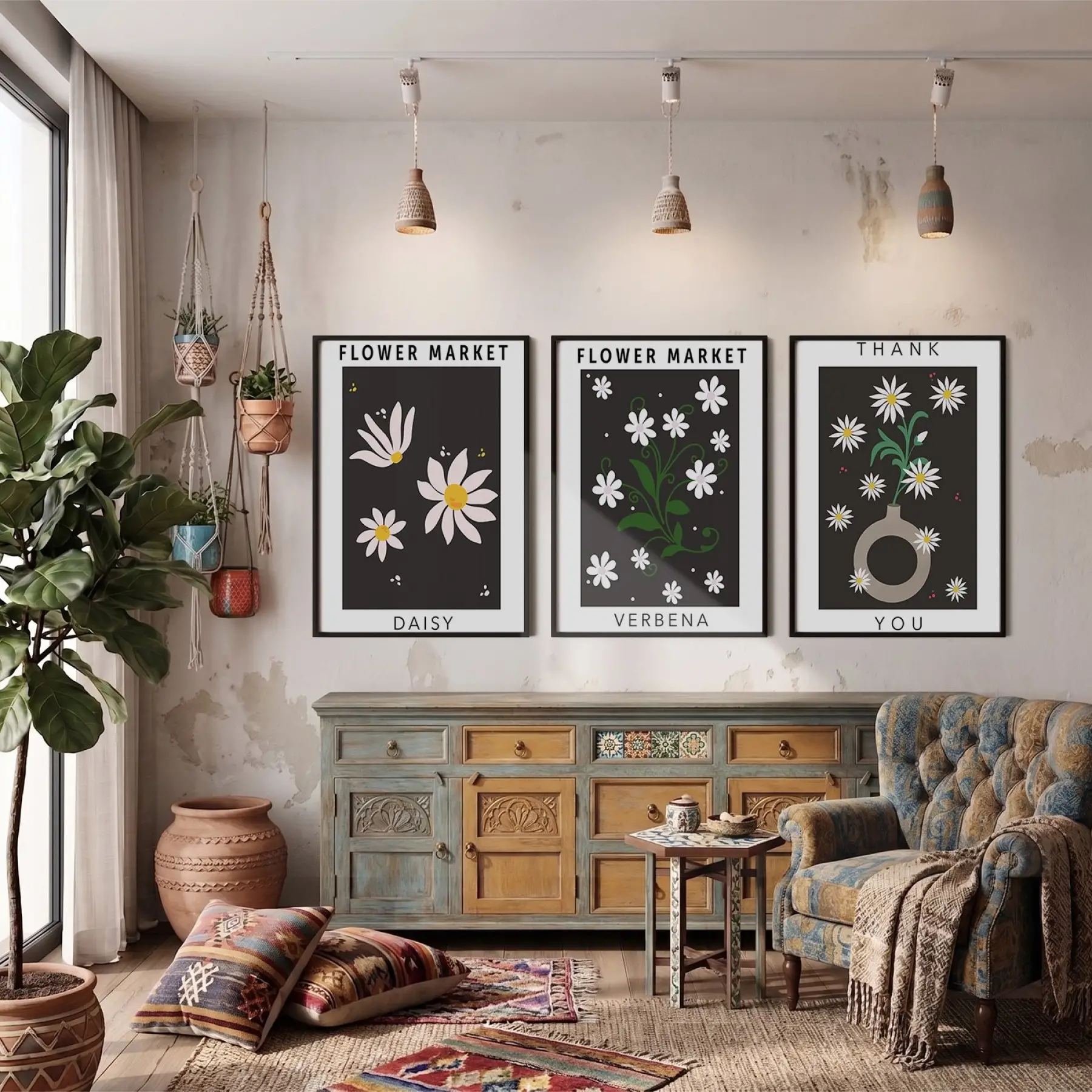 Papatya Bahçesi Minimalist Üçlü 3lü Siyah Çerçeveli Tablo Seti Tablo Çerçeve Duvar Dekoru Ev