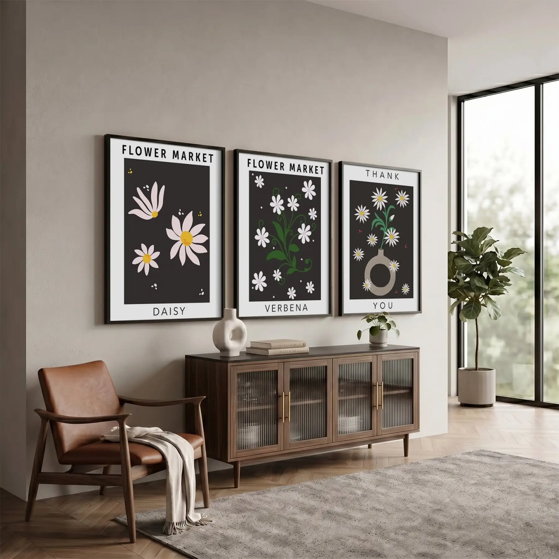 Papatya Bahçesi Minimalist Üçlü 3lü Siyah Çerçeveli Tablo Seti Tablo Çerçeve Duvar Dekoru Ev