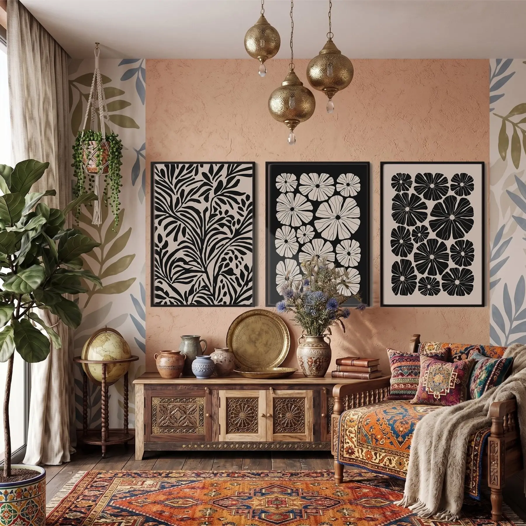 Kontrast Botanik Çiçek Düzeni 3lü Siyah Çerçeveli Tablo Seti Bohem Tablo Tablo Çerçeve Salon Duvar