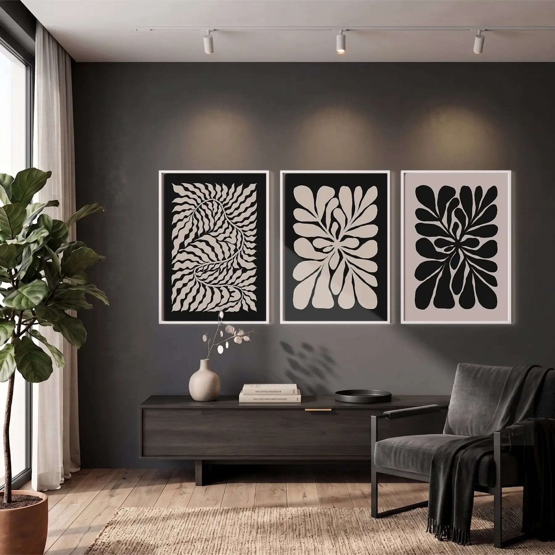 Kıvrımlı Soyut Bej Desenler 3lü Beyaz Çerçeveli Tablo Seti Poster Tablo Resim Çerçevesi Dekoratif