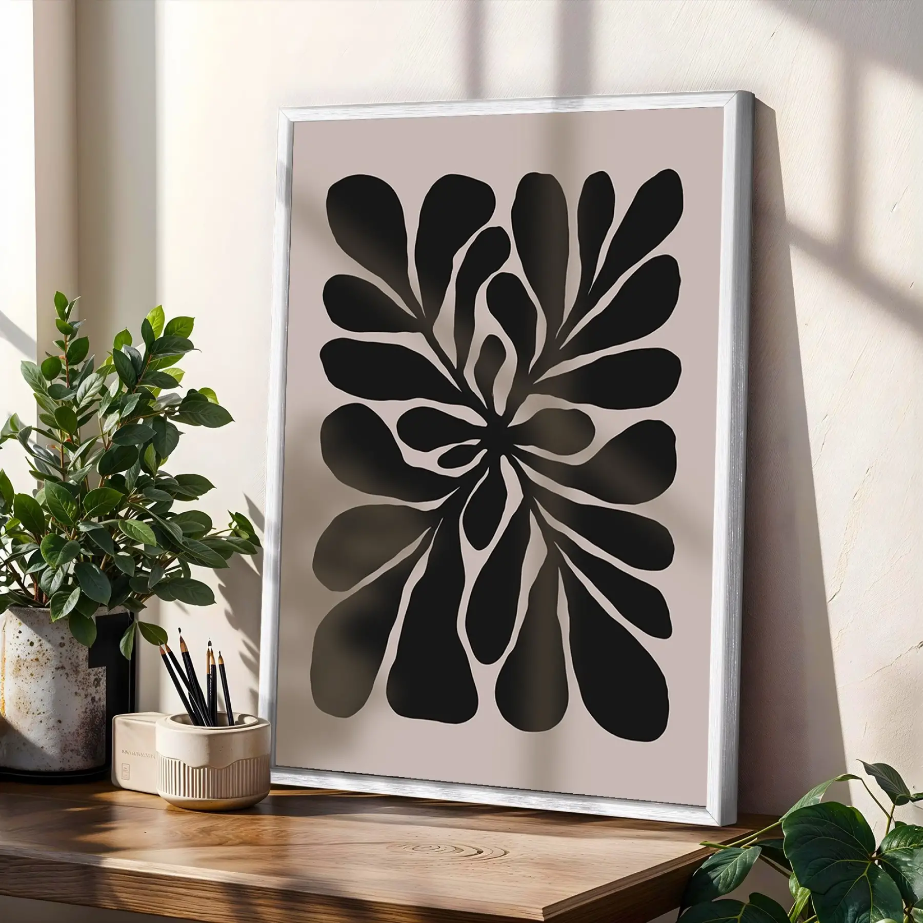 Kıvrımlı Soyut Bej Desenler 3lü Beyaz Çerçeveli Tablo Seti Poster Tablo Resim Çerçevesi Dekoratif
