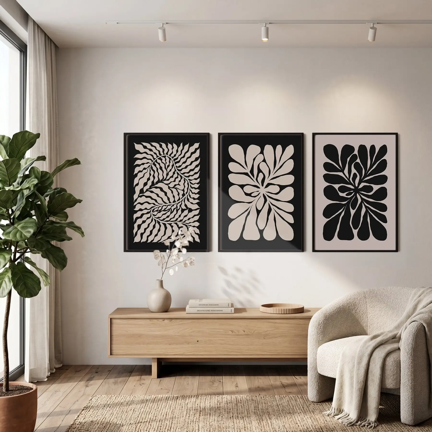 Kıvrımlı Soyut Bej Desenler 3lü Siyah Çerçeveli Tablo Seti Tablo Çerçeve Salon Duvar Tablo Dekor