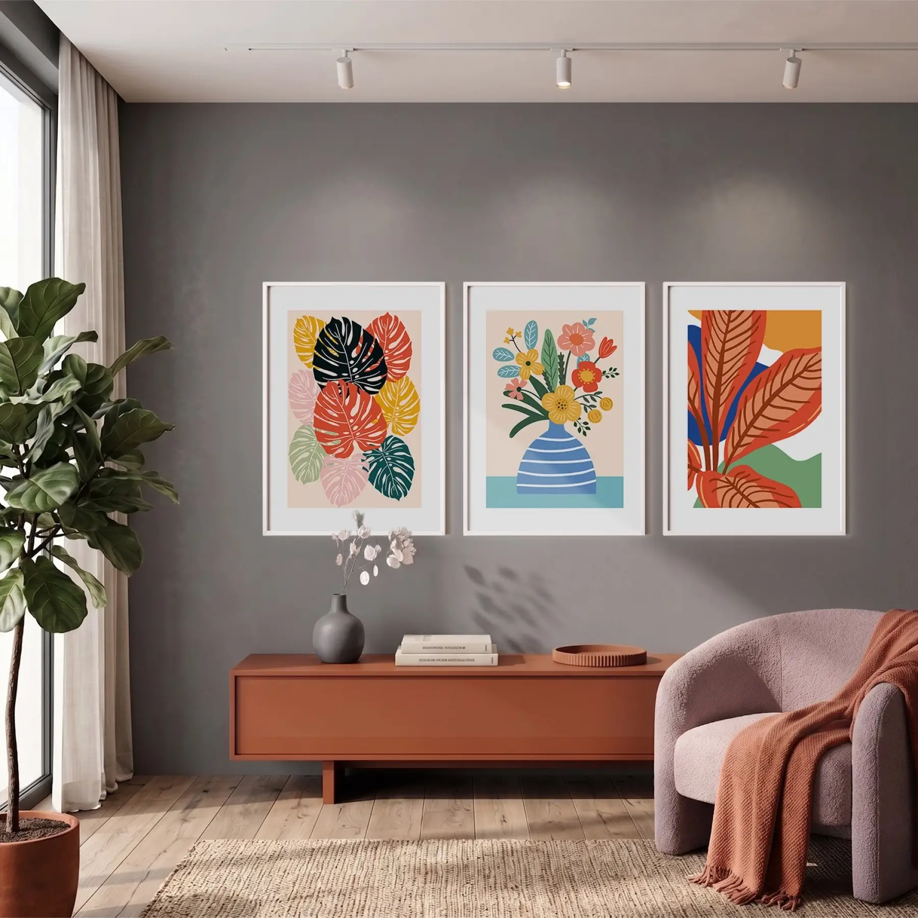 Modern Tropikal Üçlü 3lü Beyaz Çerçeveli Tablo Seti Poster Tablo Duvar Tablo Ev Dekorasyonu