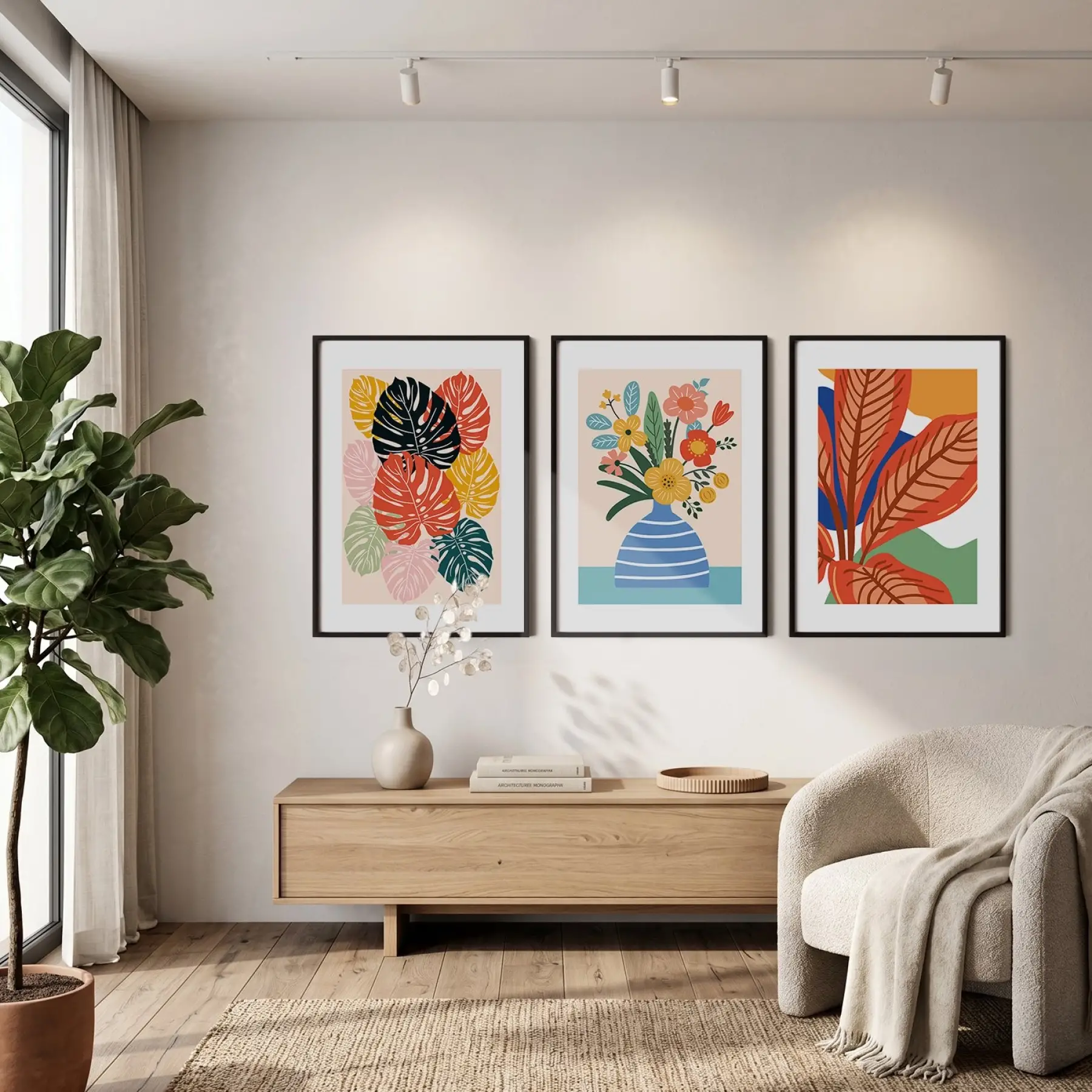 Modern Tropikal Üçlü 3lü Siyah Çerçeveli Tablo Seti Poster Tablo Duvar Tablo Ev Dekorasyonu