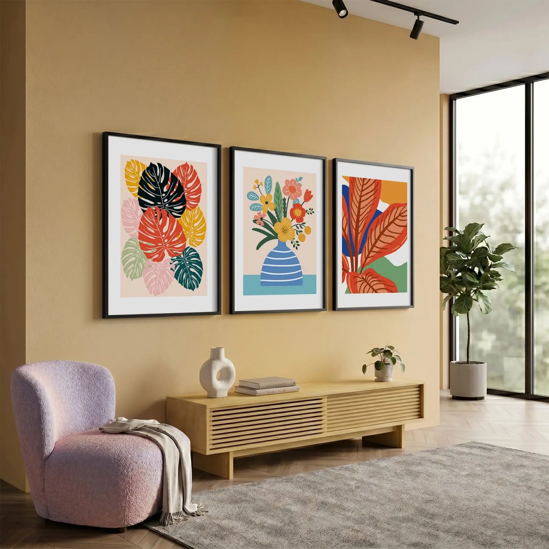 Modern Tropikal Üçlü 3lü Siyah Çerçeveli Tablo Seti Poster Tablo Duvar Tablo Ev Dekorasyonu