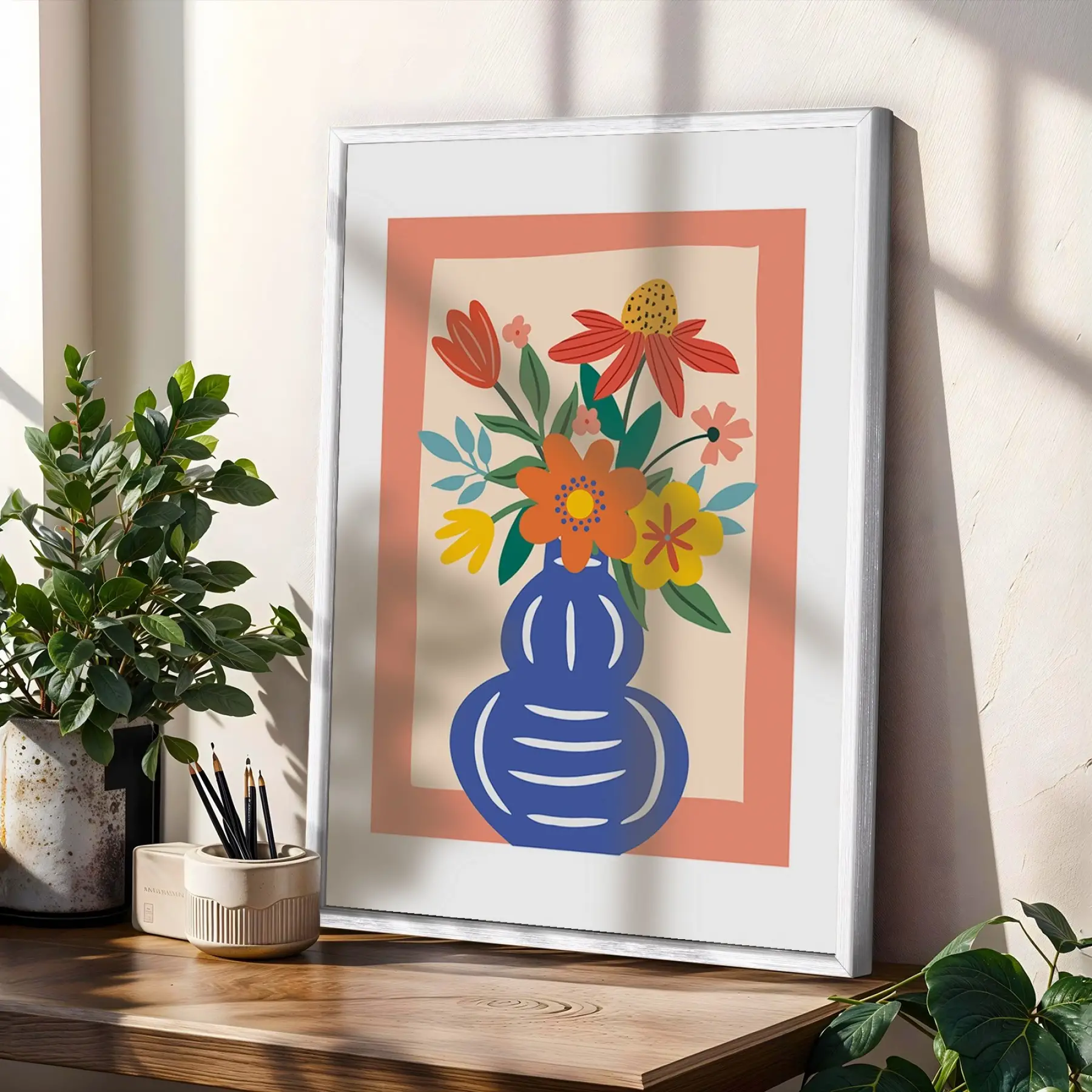 Renkli Vazo Bahçesi 3lü Beyaz Çerçeveli Tablo Seti Poster Tablo Resim Çerçevesi Dekoratif Obje