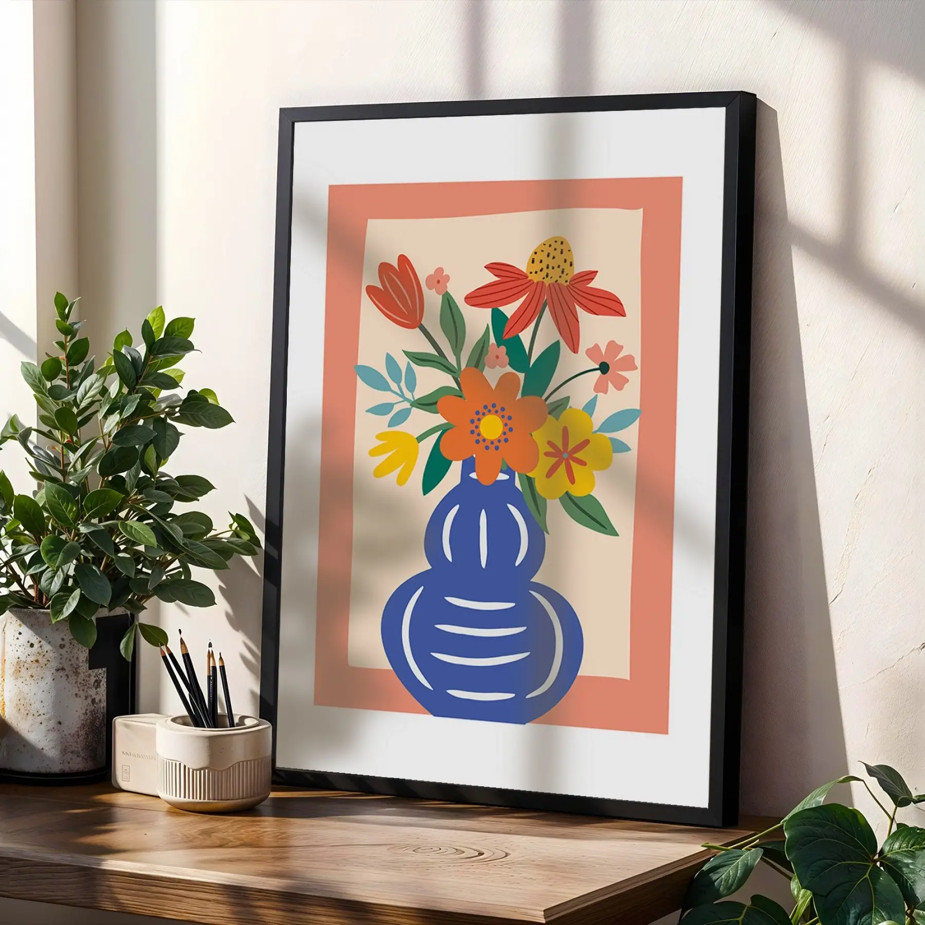 Renkli Vazo Bahçesi 3lü Siyah Çerçeveli Tablo Seti Poster Tablo Duvar Tablo Ev Dekorasyonu