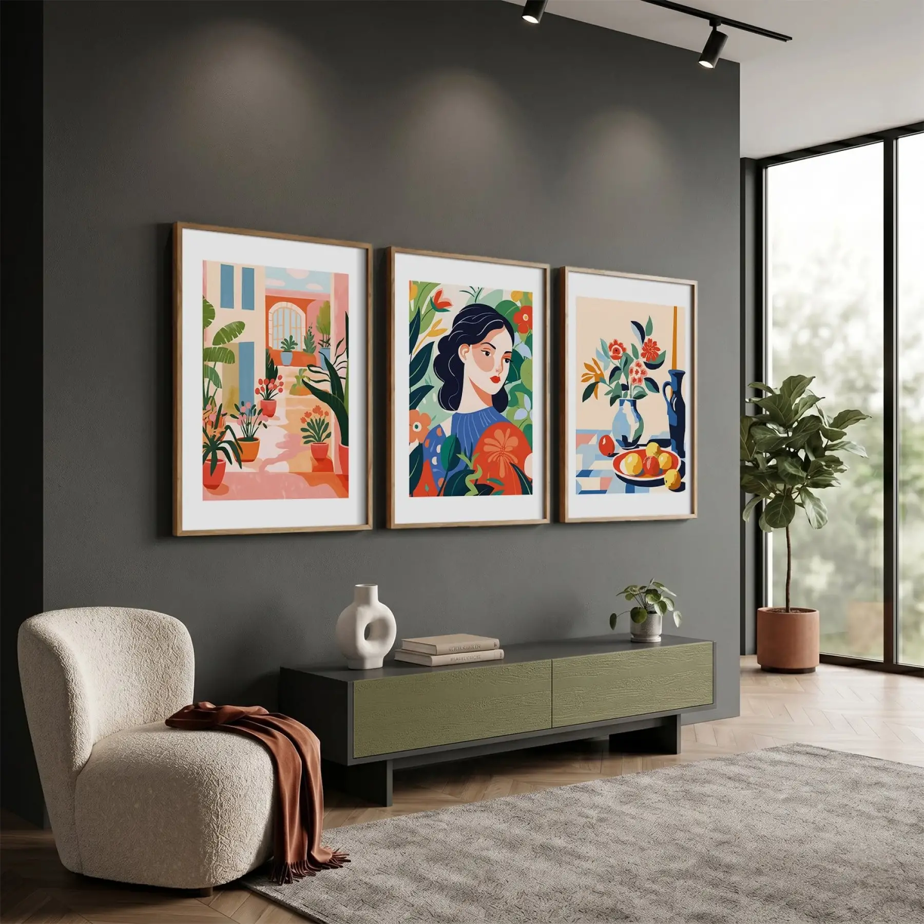 Canlı Eklektik Sanat Üçlüsü 3lü Ahşap Çerçeveli Tablo Seti Resim Çerçevesi Tablo Salon Aksesuarları