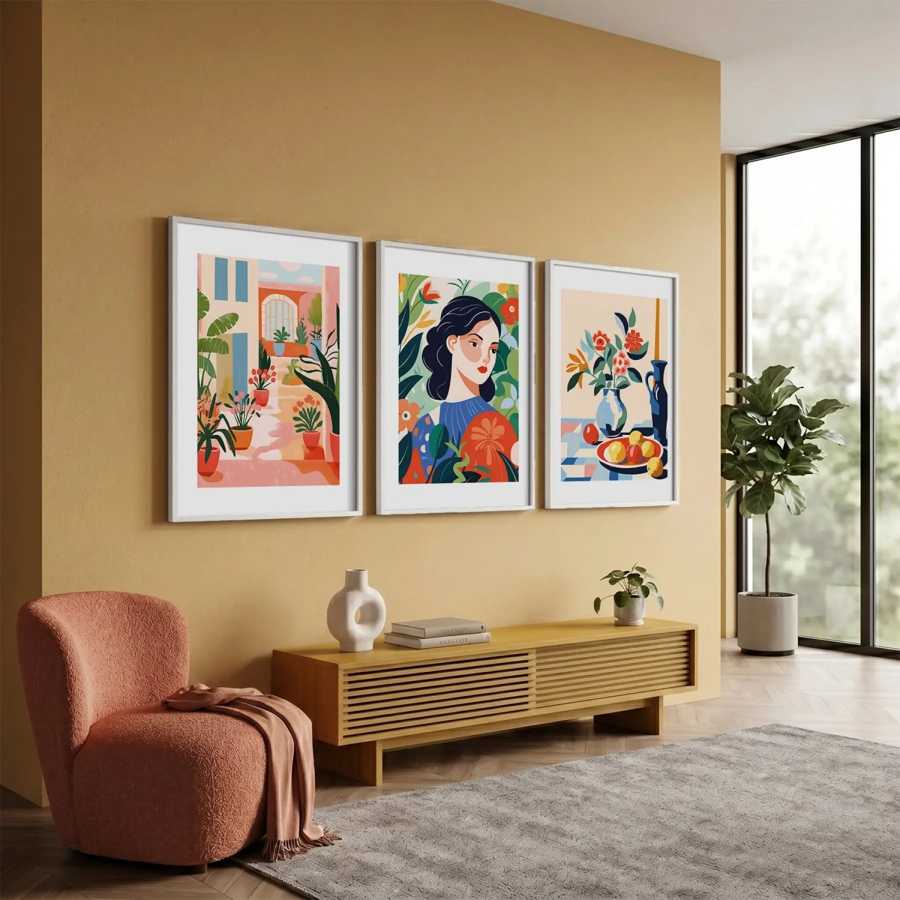 Canlı Eklektik Sanat Üçlüsü 3lü Beyaz Çerçeveli Tablo Seti Poster Tablo Duvar Tablo Ev Dekorasyonu
