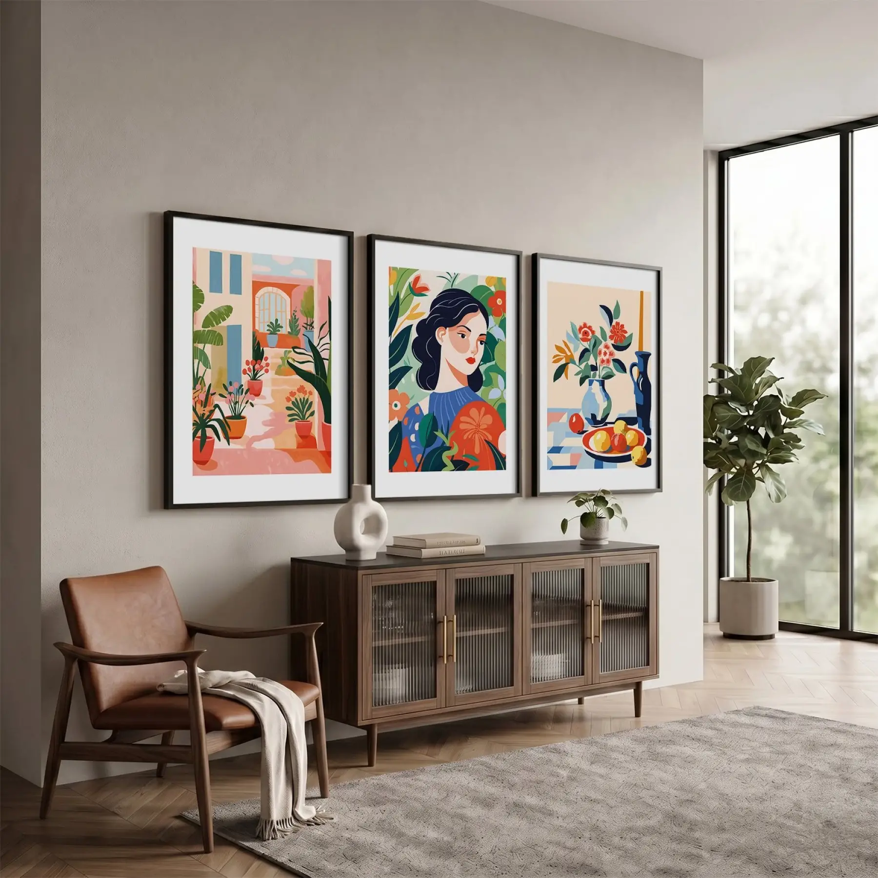 Canlı Eklektik Sanat Üçlüsü 3lü Siyah Çerçeveli Tablo Seti Resim Çerçevesi Tablo Salon Aksesuarları