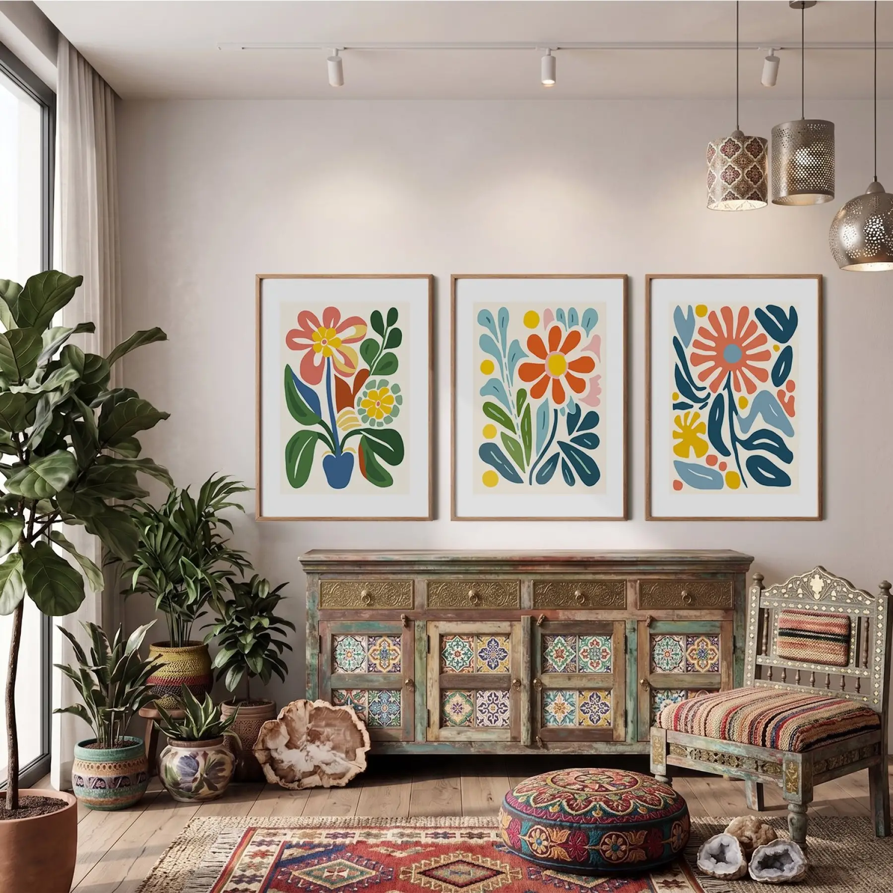 Modern Canlı Botanik Üçlü 3lü Ahşap Çerçeveli Tablo Seti Bohem Tablo Poster Tablo Resim Çerçevesi