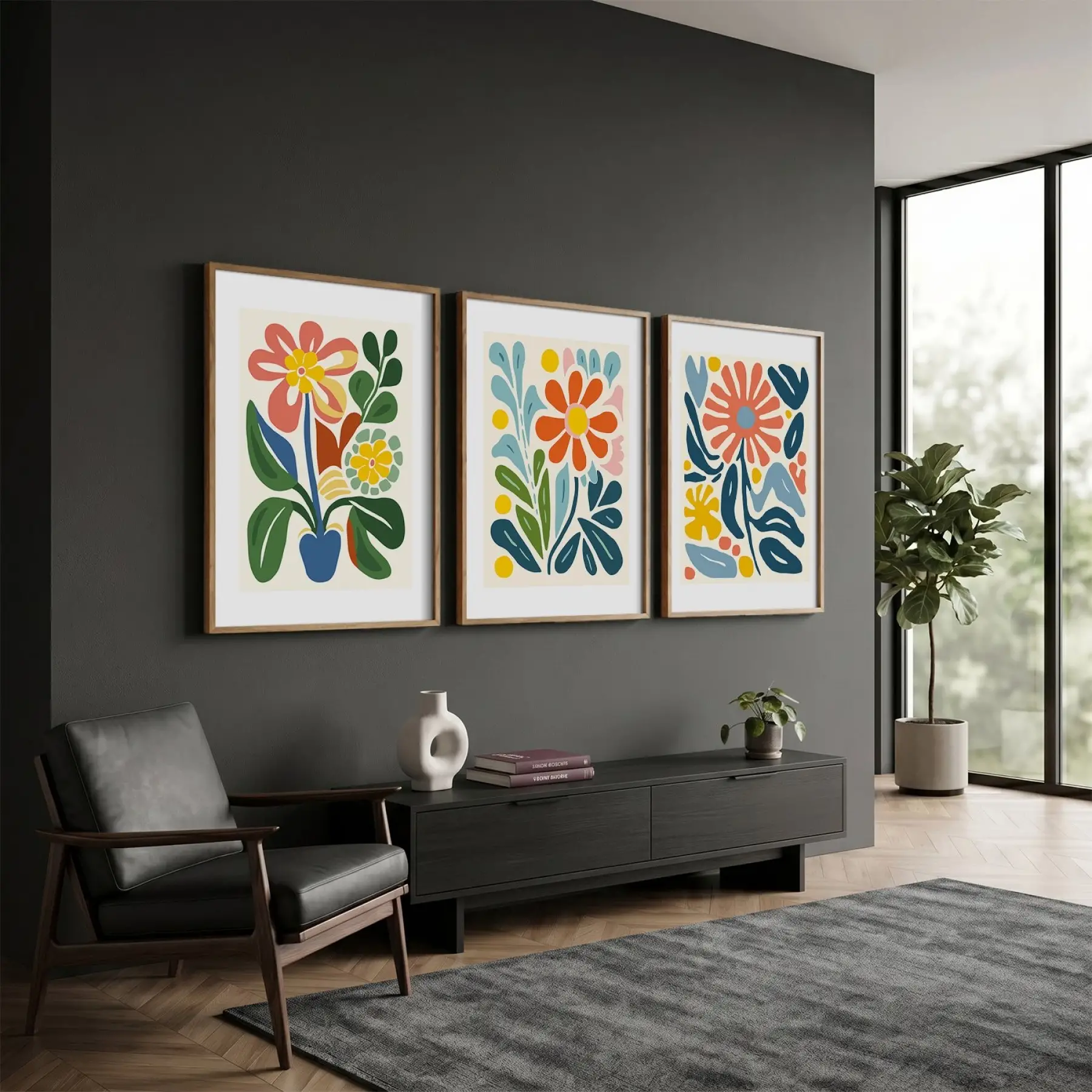 Modern Canlı Botanik Üçlü 3lü Ahşap Çerçeveli Tablo Seti Bohem Tablo Poster Tablo Resim Çerçevesi