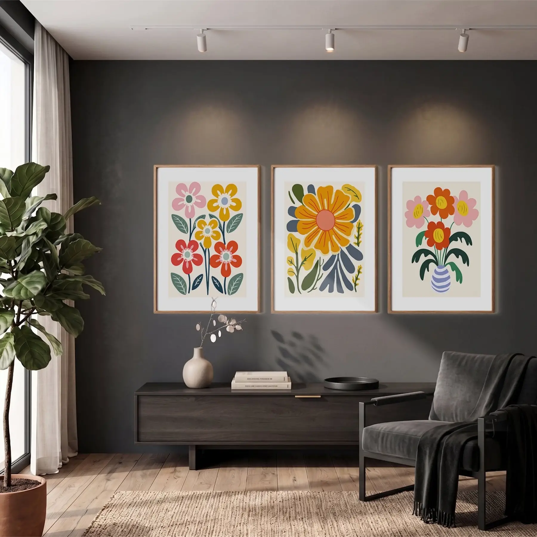 Neşeli Modern Çiçekler 3lü Ahşap Çerçeveli Tablo Seti Bohem Tablo Duvar Tablo Oda Dekorasyonu Salon
