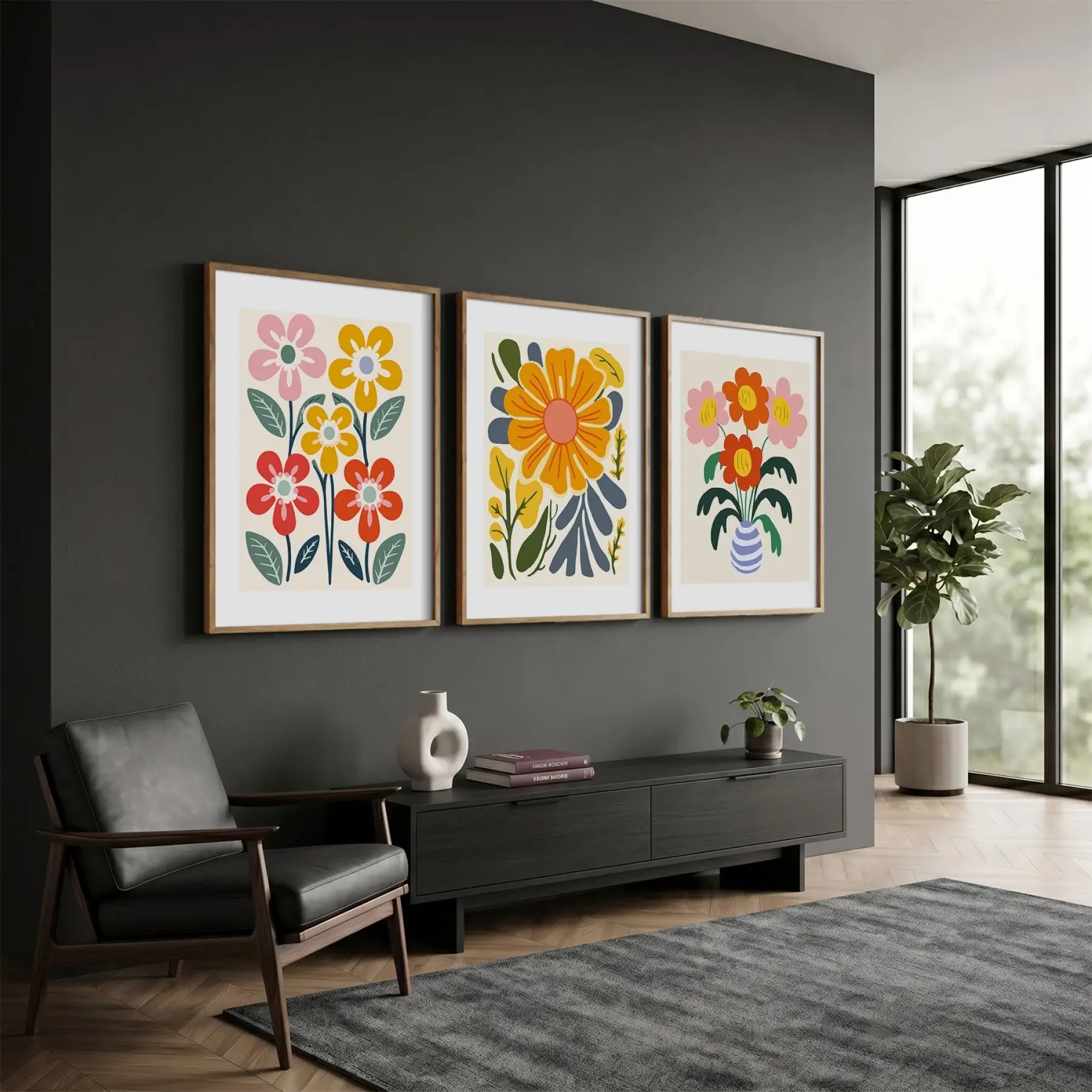 Neşeli Modern Çiçekler 3lü Ahşap Çerçeveli Tablo Seti Bohem Tablo Duvar Tablo Oda Dekorasyonu Salon