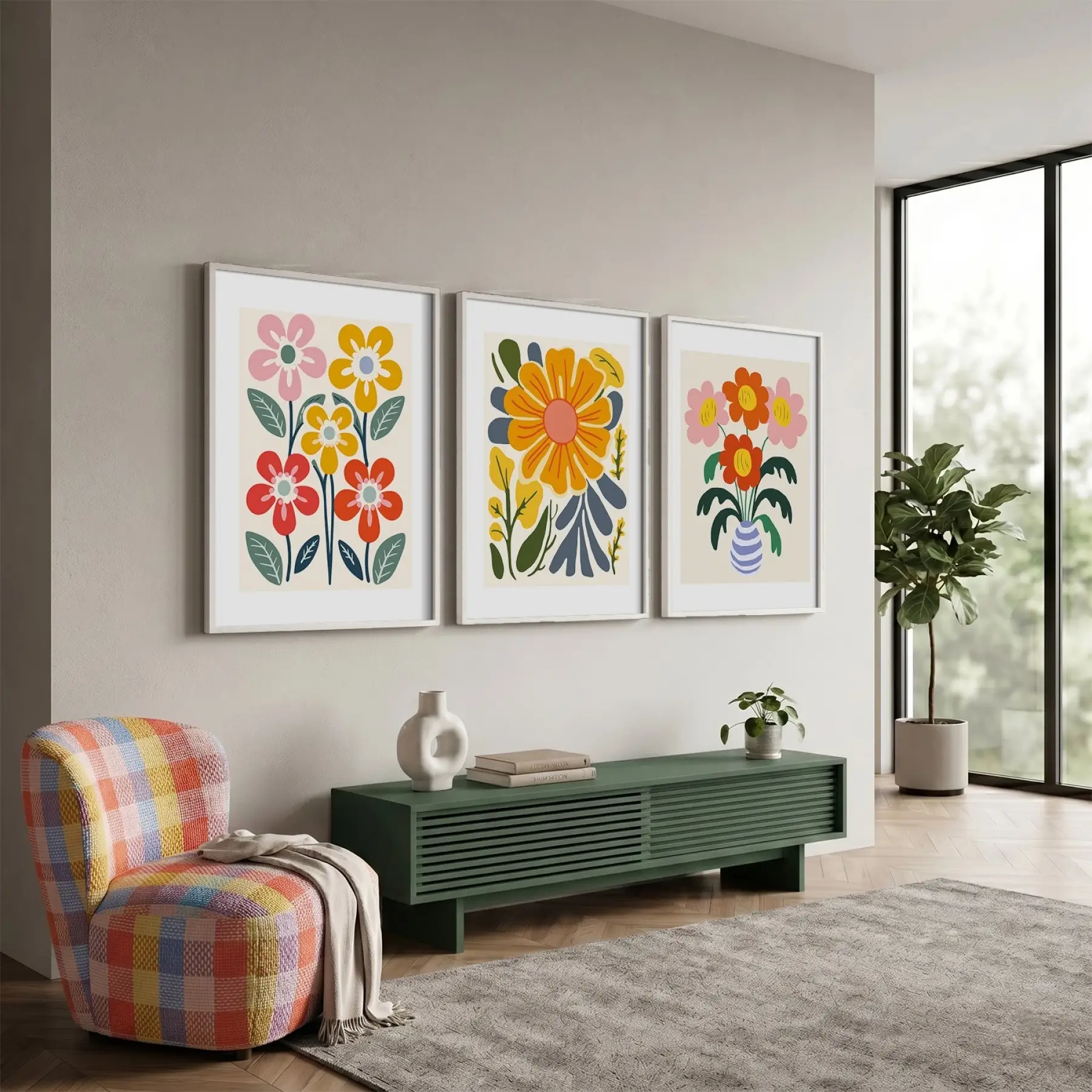 Neşeli Modern Çiçekler 3lü Beyaz Çerçeveli Tablo Seti Bohem Tablo Resim Çerçevesi Tablo Salon