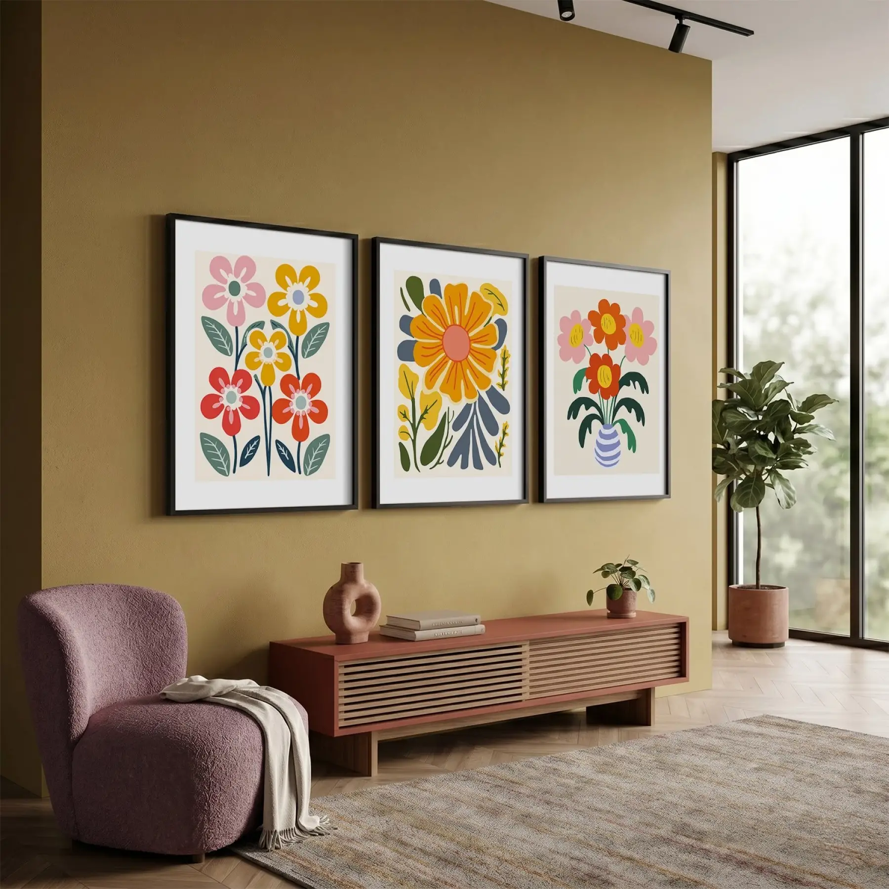 Neşeli Modern Çiçekler 3lü Siyah Çerçeveli Tablo Seti Bohem Tablo Salon Duvar Tablo Poster Tablo