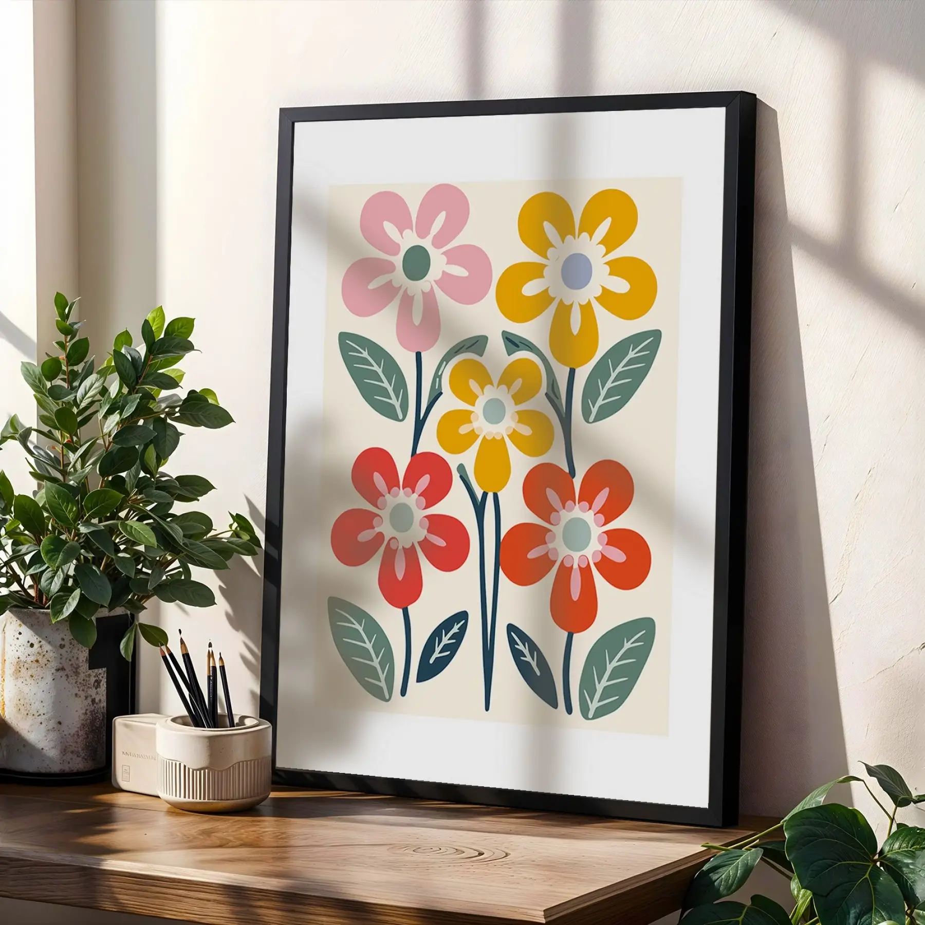 Neşeli Modern Çiçekler 3lü Siyah Çerçeveli Tablo Seti Bohem Tablo Salon Duvar Tablo Poster Tablo