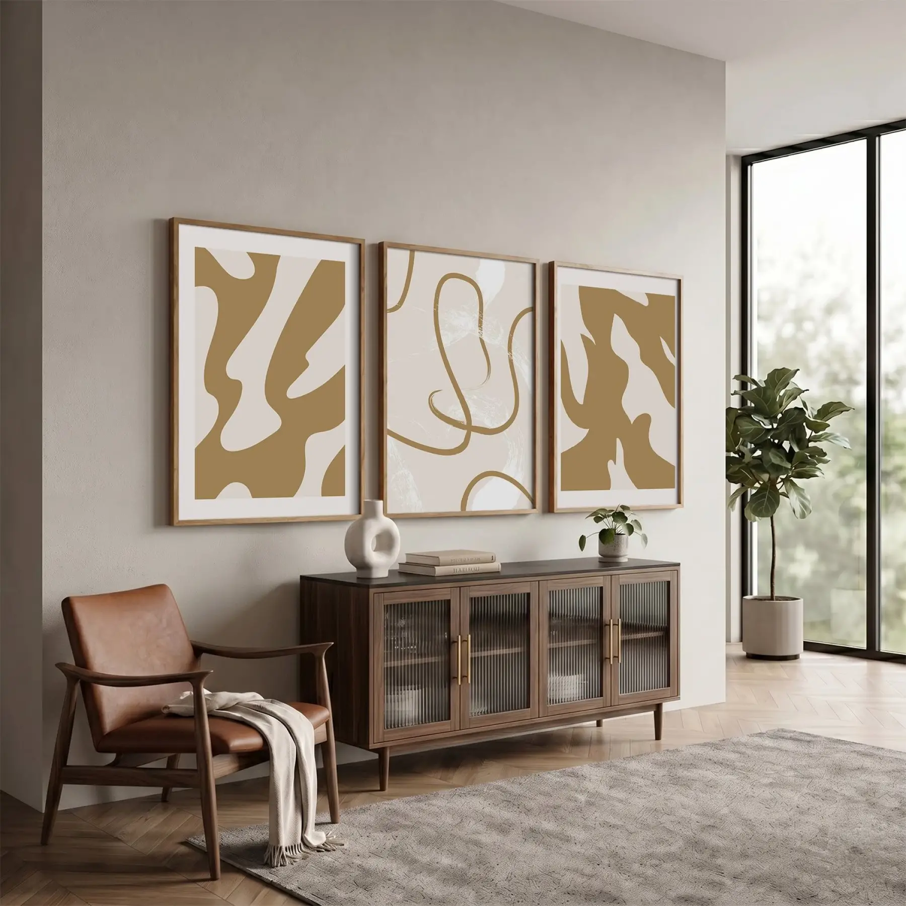 Toprak Tonları Soyut Sanat 3lü Ahşap Çerçeveli Tablo Seti Resim Çerçevesi Tablo Salon Aksesuarları