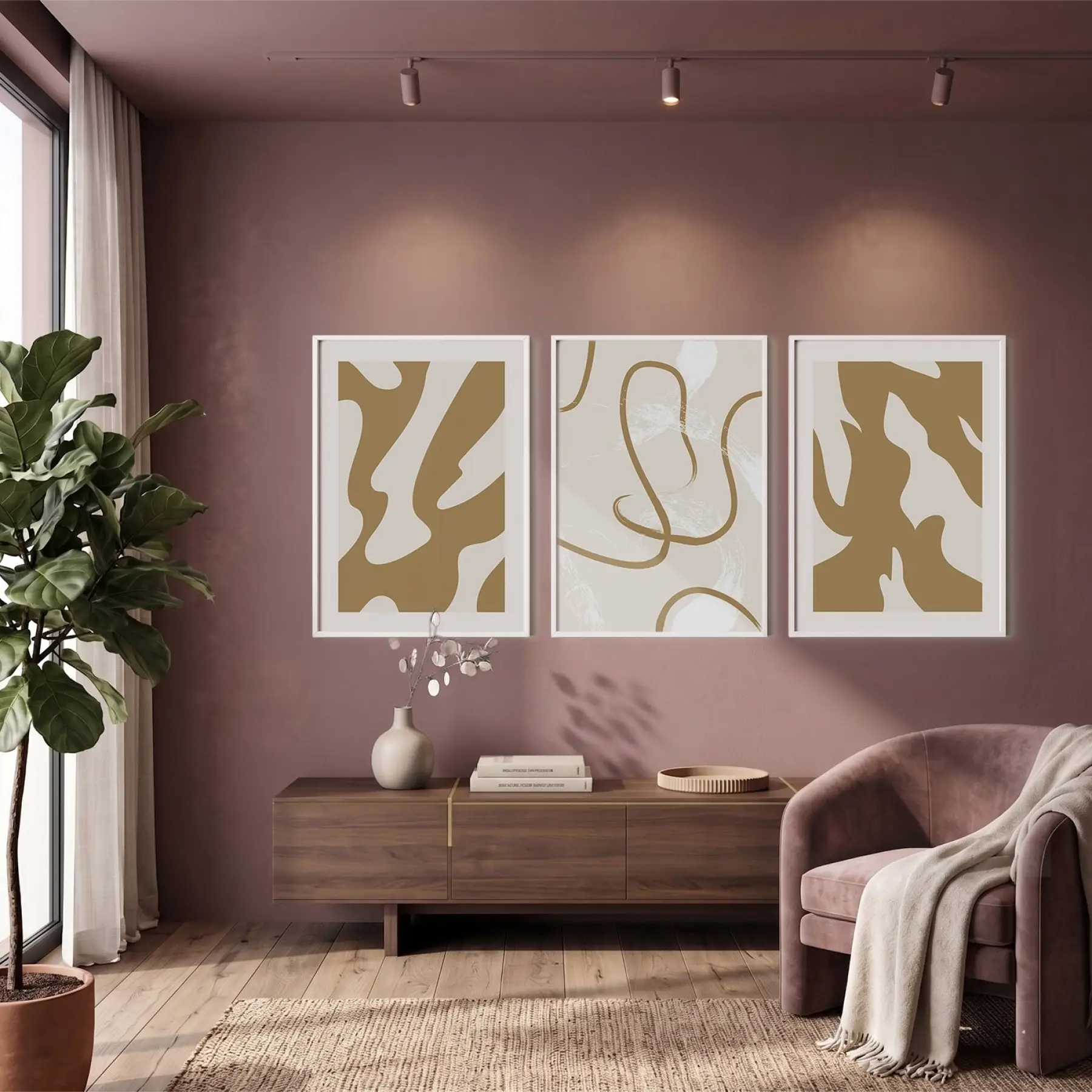 Toprak Tonları Soyut Sanat 3lü Beyaz Çerçeveli Tablo Seti Salon Duvar Tablo Poster Tablo