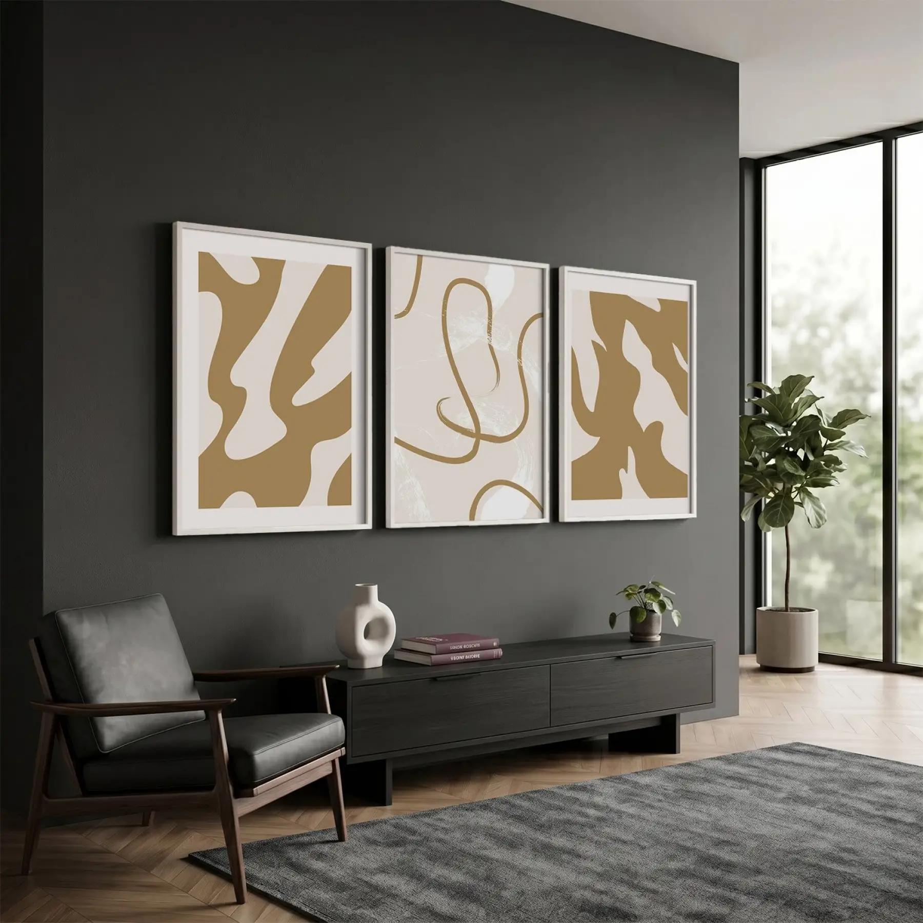 Toprak Tonları Soyut Sanat 3lü Beyaz Çerçeveli Tablo Seti Salon Duvar Tablo Poster Tablo