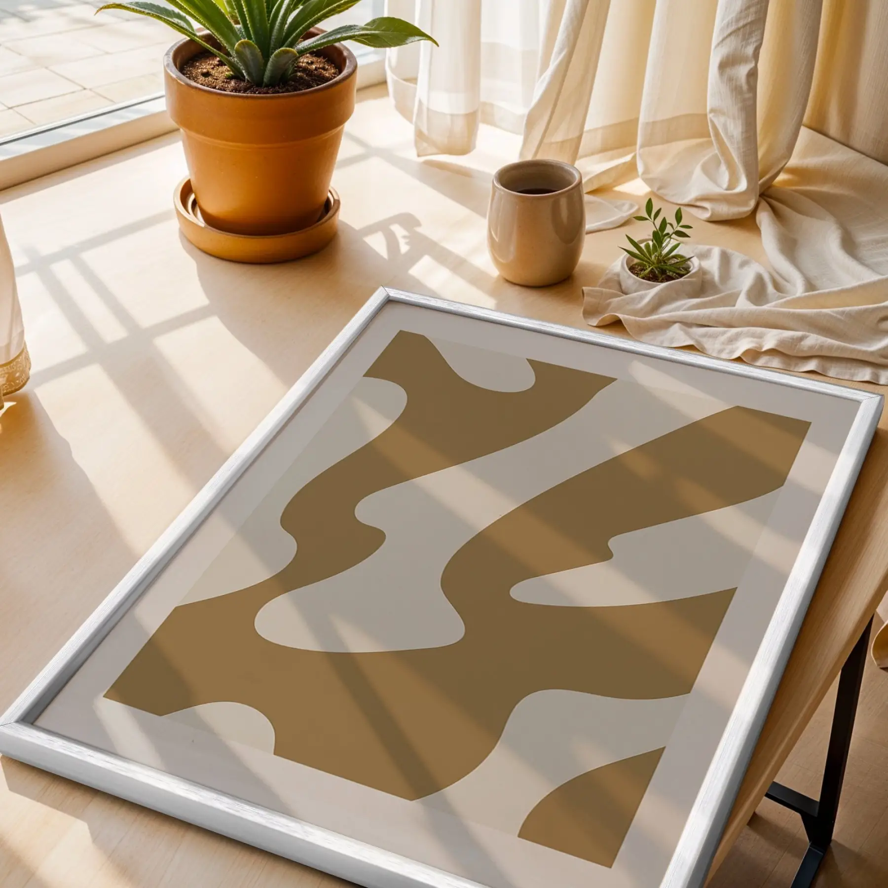 Toprak Tonları Soyut Sanat 3lü Beyaz Çerçeveli Tablo Seti Salon Duvar Tablo Poster Tablo
