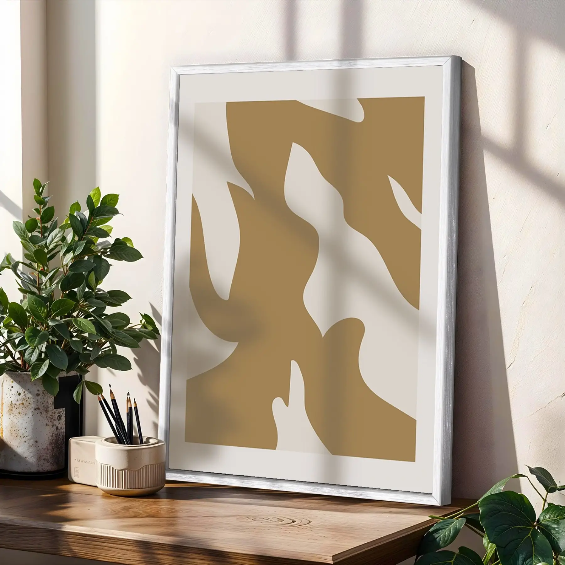 Toprak Tonları Soyut Sanat 3lü Beyaz Çerçeveli Tablo Seti Salon Duvar Tablo Poster Tablo