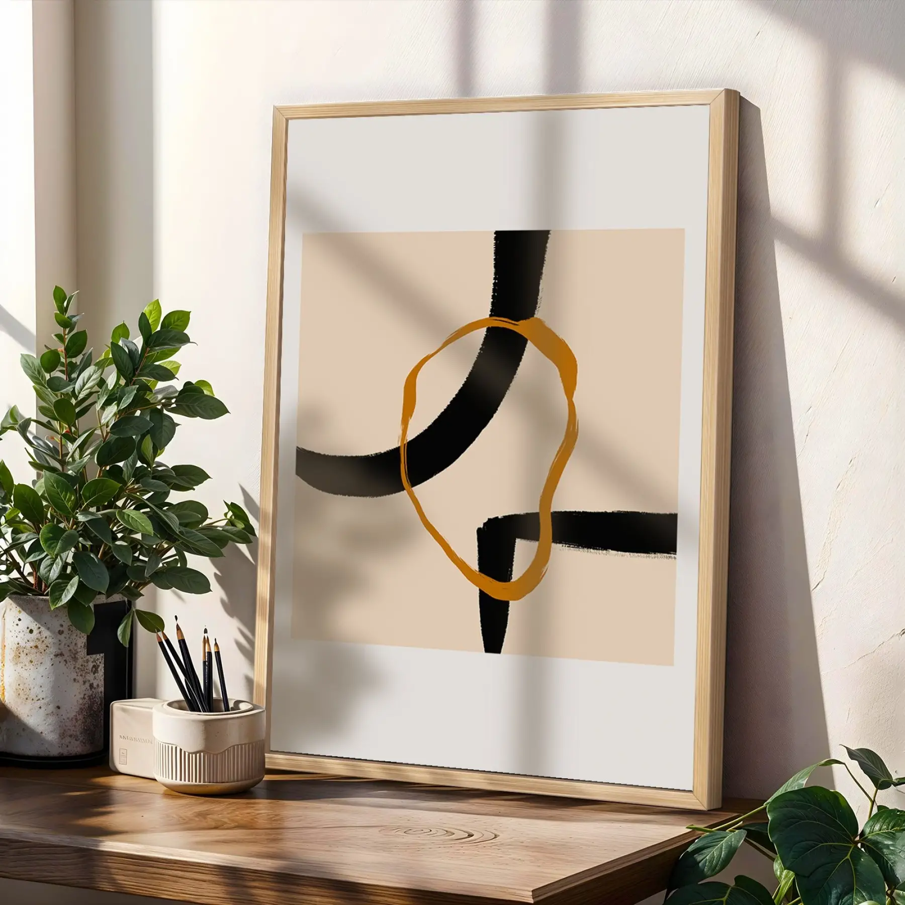 Bej Toprak Modern Soyut Seti 3lü Ahşap Çerçeveli Tablo Seti Salon Duvar Tablo Poster Tablo