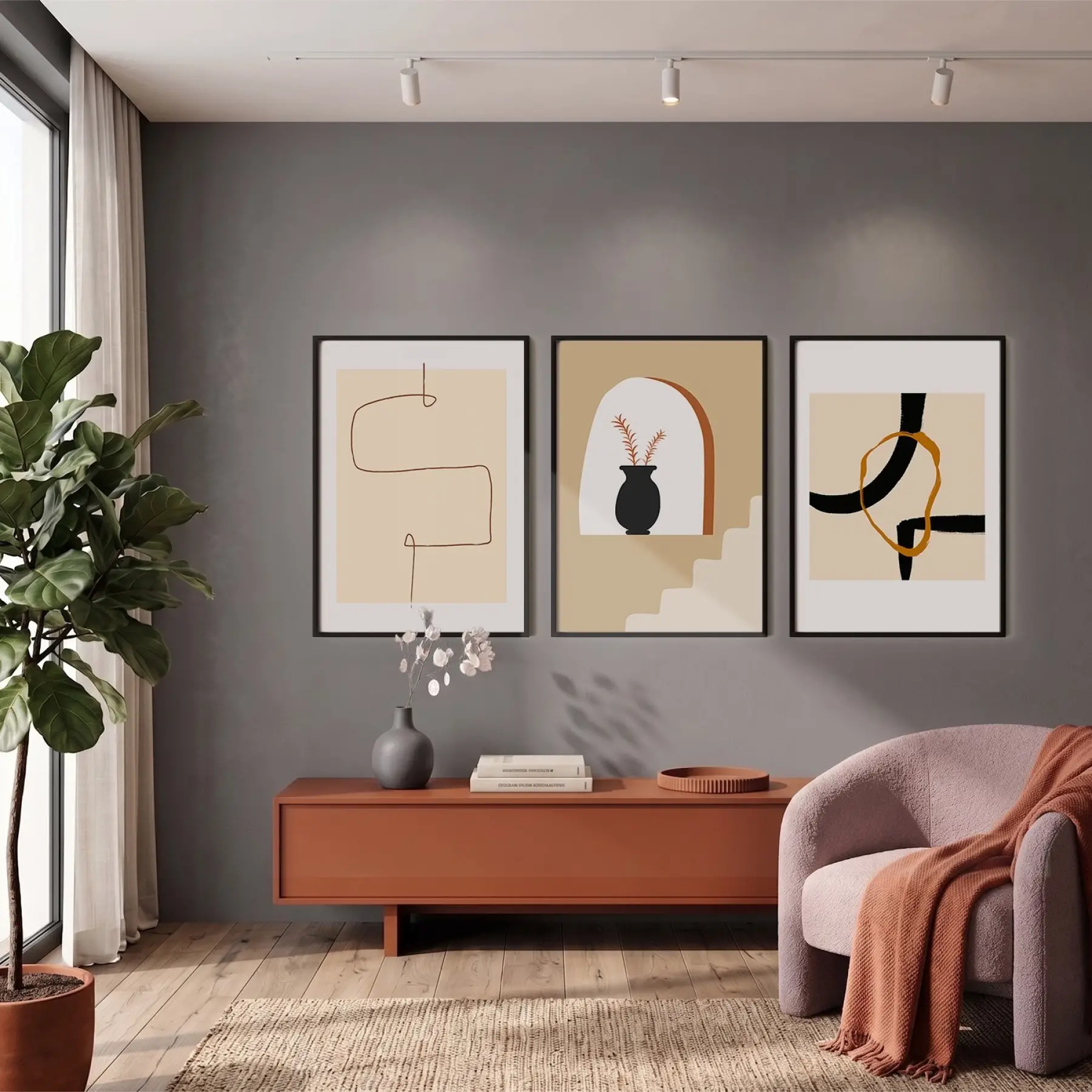 Bej Toprak Modern Soyut Seti 3lü Siyah Çerçeveli Tablo Seti Tablo Çerçeve Salon Duvar Tablo Dekor
