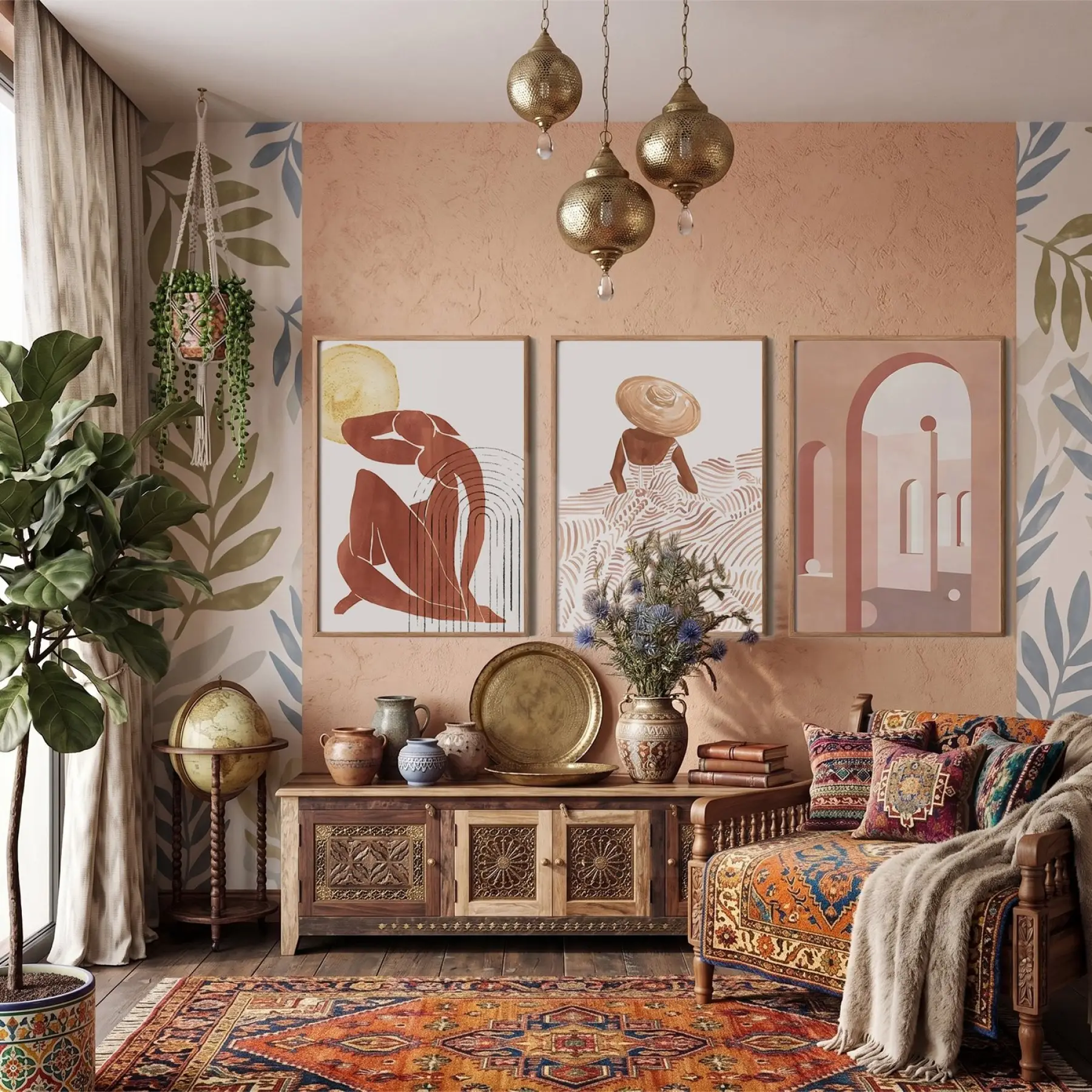 Bohem Terracotta Figürler 3lü Ahşap Çerçeveli Tablo Seti Bohem Tablo Poster Tablo Resim Çerçevesi