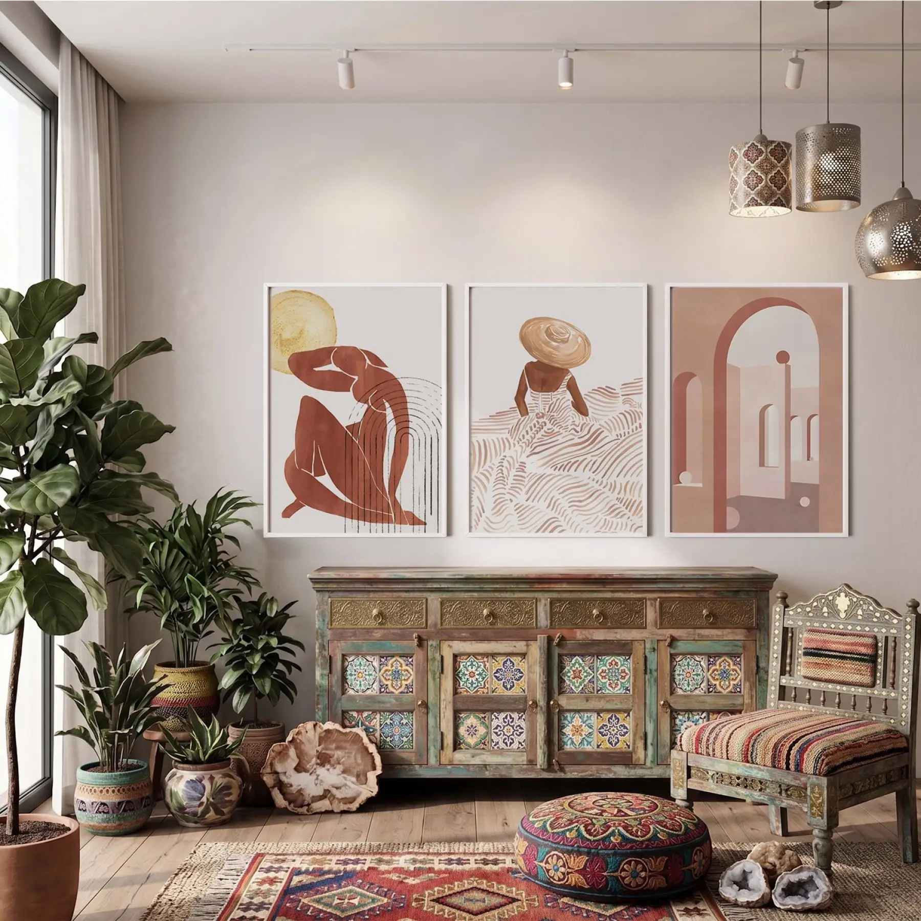 Bohem Terracotta Figürler 3lü Beyaz Çerçeveli Tablo Seti Bohem Tablo Tablo Çerçeve Salon Duvar