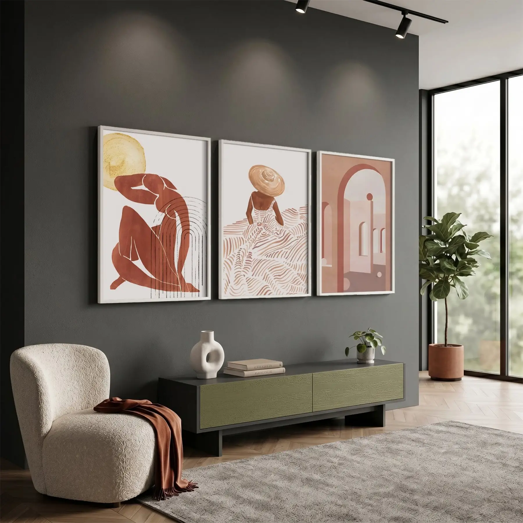 Bohem Terracotta Figürler 3lü Beyaz Çerçeveli Tablo Seti Bohem Tablo Tablo Çerçeve Salon Duvar
