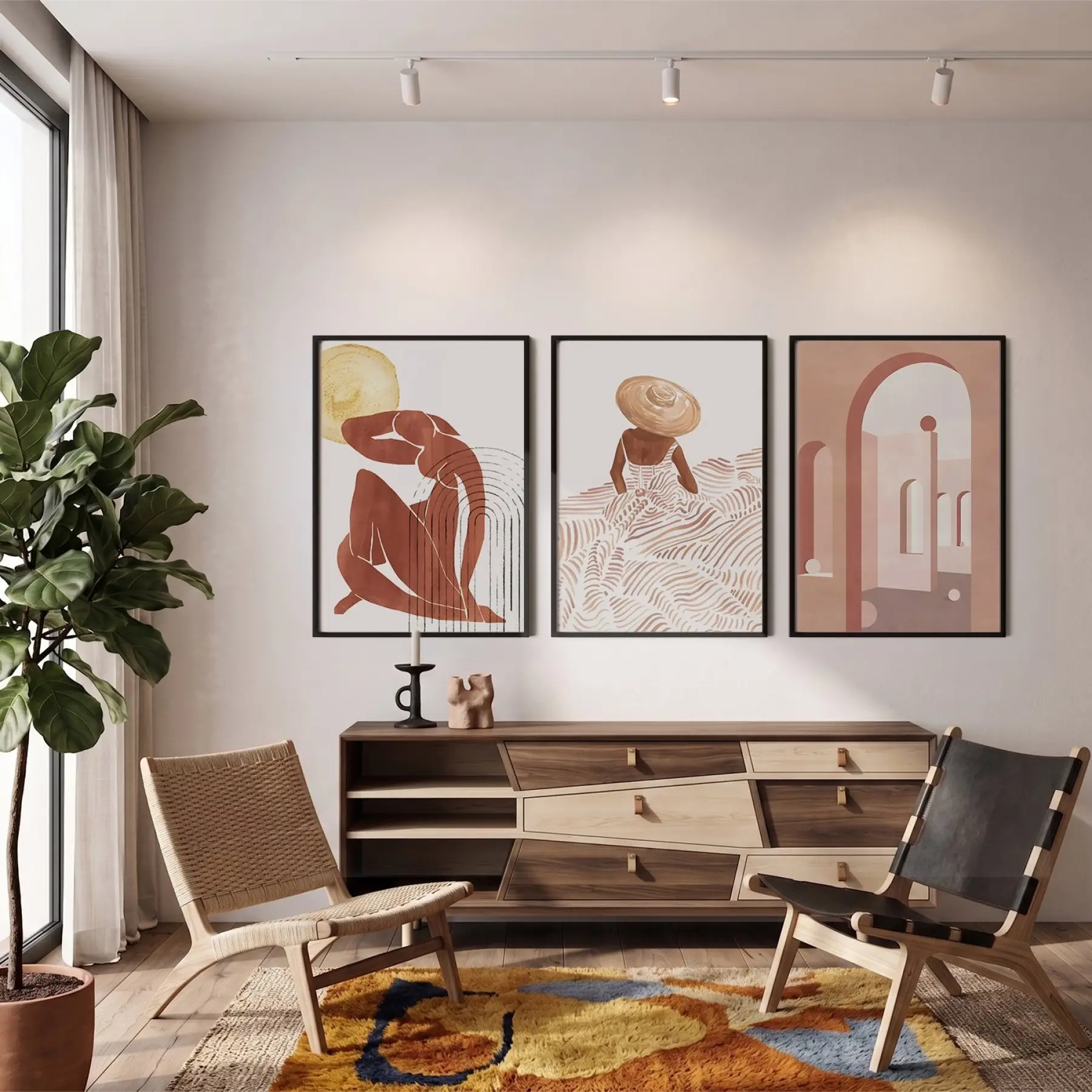 Bohem Terracotta Figürler 3lü Siyah Çerçeveli Tablo Seti Bohem Tablo Resim Çerçevesi Tablo Salon