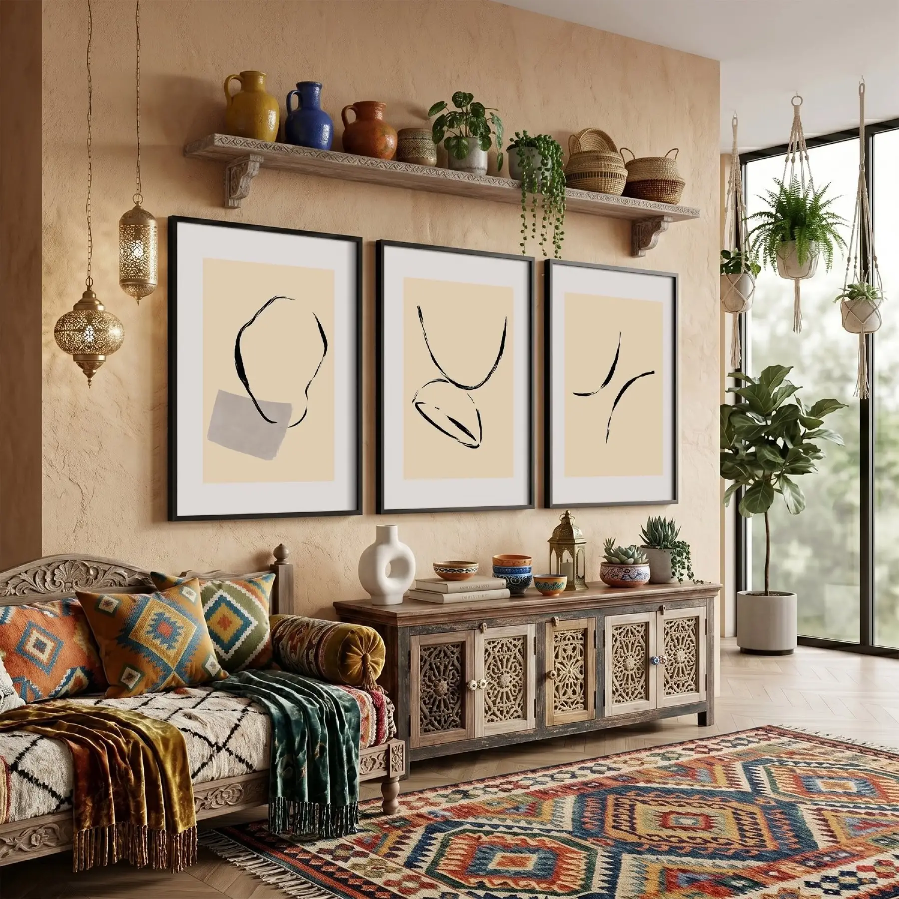 Akışkan Soyut Çizgiler Üçlü 3lü Siyah Çerçeveli Tablo Seti Salon Duvar Tablo Poster Tablo