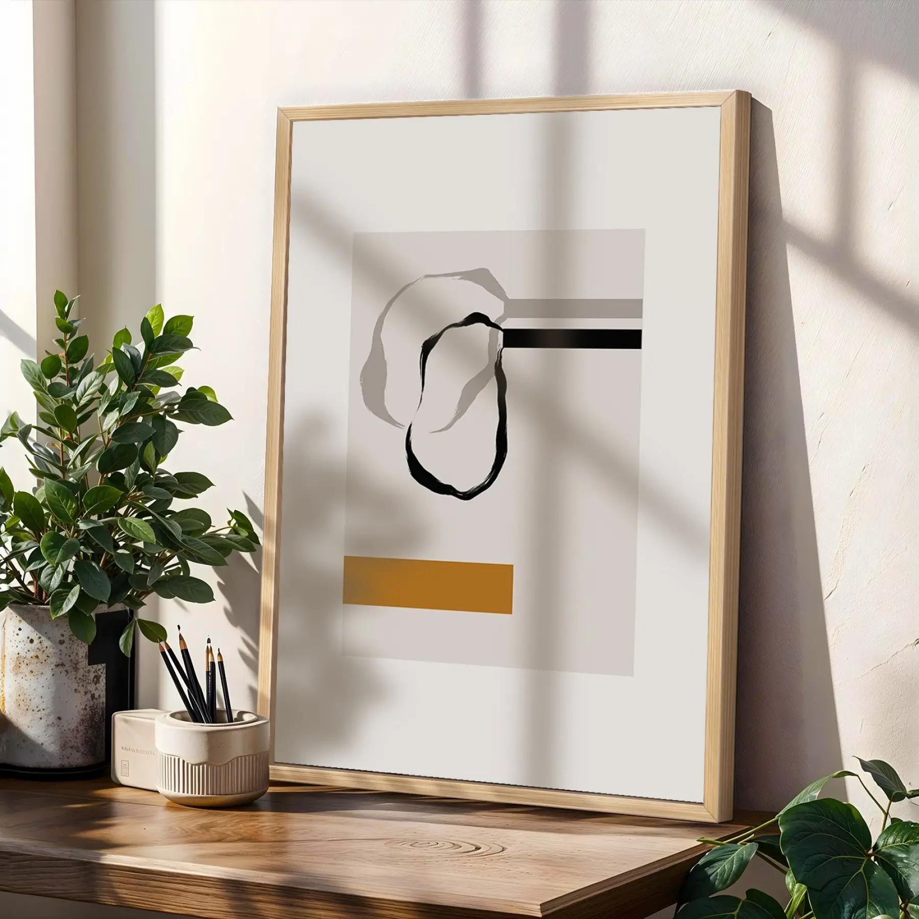 Soyut Organik Hatlar Üçlü Tablo 3lü Ahşap Çerçeveli Tablo Seti Poster Tablo Resim Çerçevesi