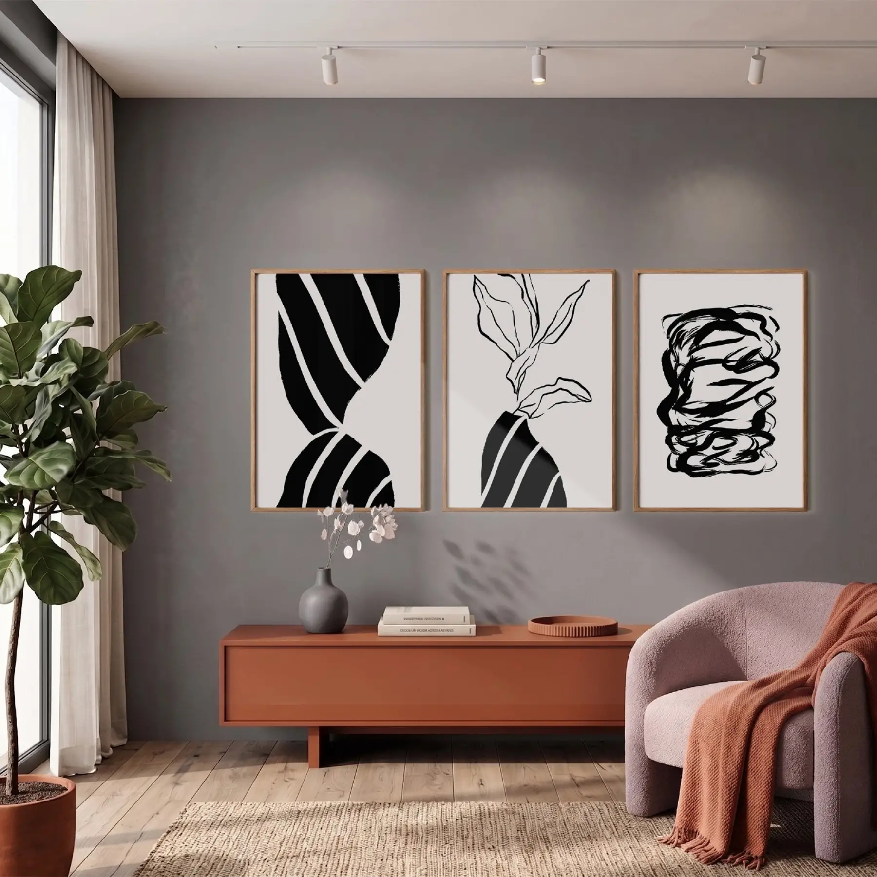 Minimalist Siyah Beyaz Formlar 3lü Ahşap Çerçeveli Tablo Seti Duvar Tablo Oda Dekorasyonu Dekoratif