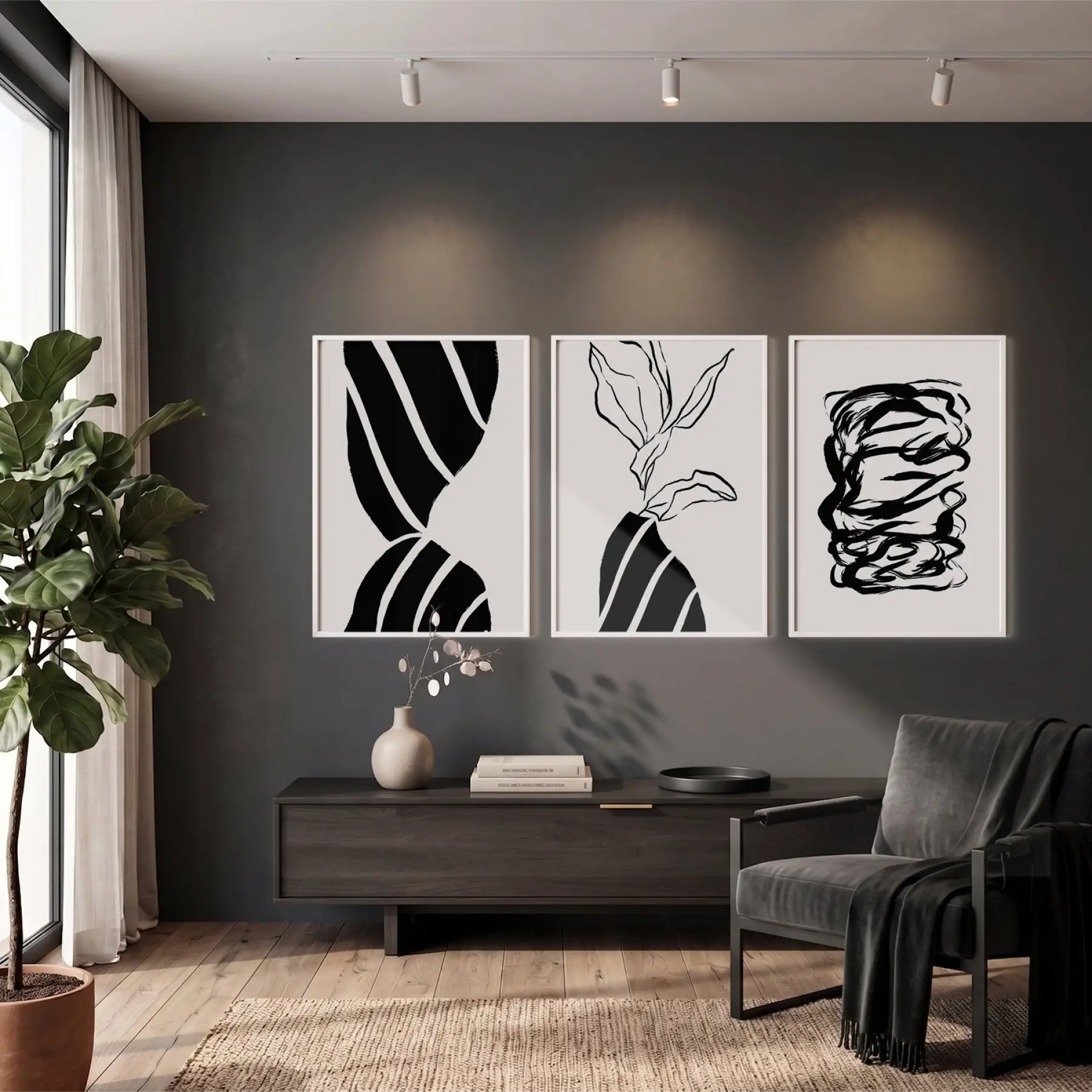 Minimalist Siyah Beyaz Formlar 3lü Beyaz Çerçeveli Tablo Seti Duvar Tablo Oda Dekorasyonu Dekoratif